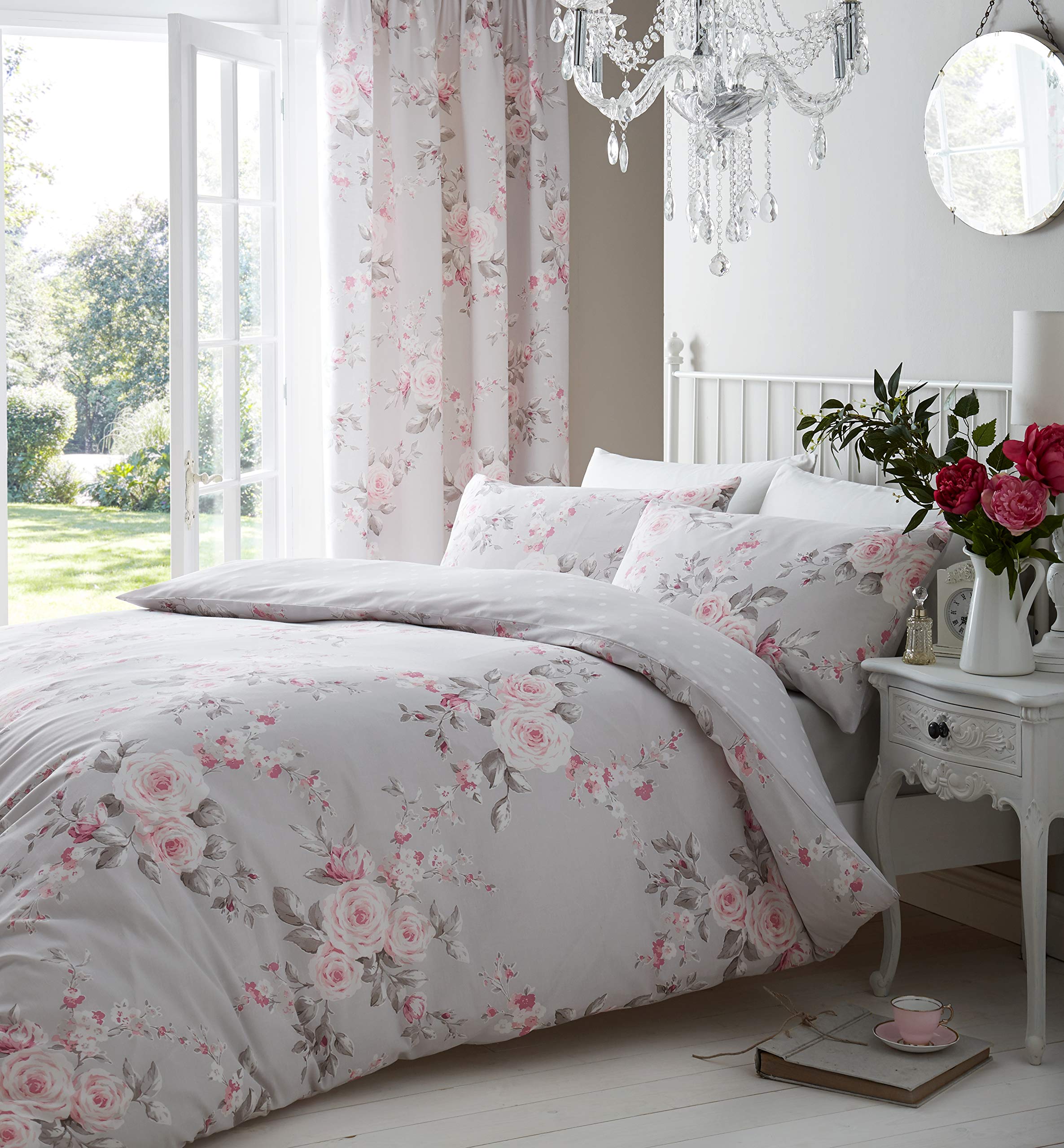 Catherine Lansfield Canterbury Floral Lined Eyelet Curtains - Grey