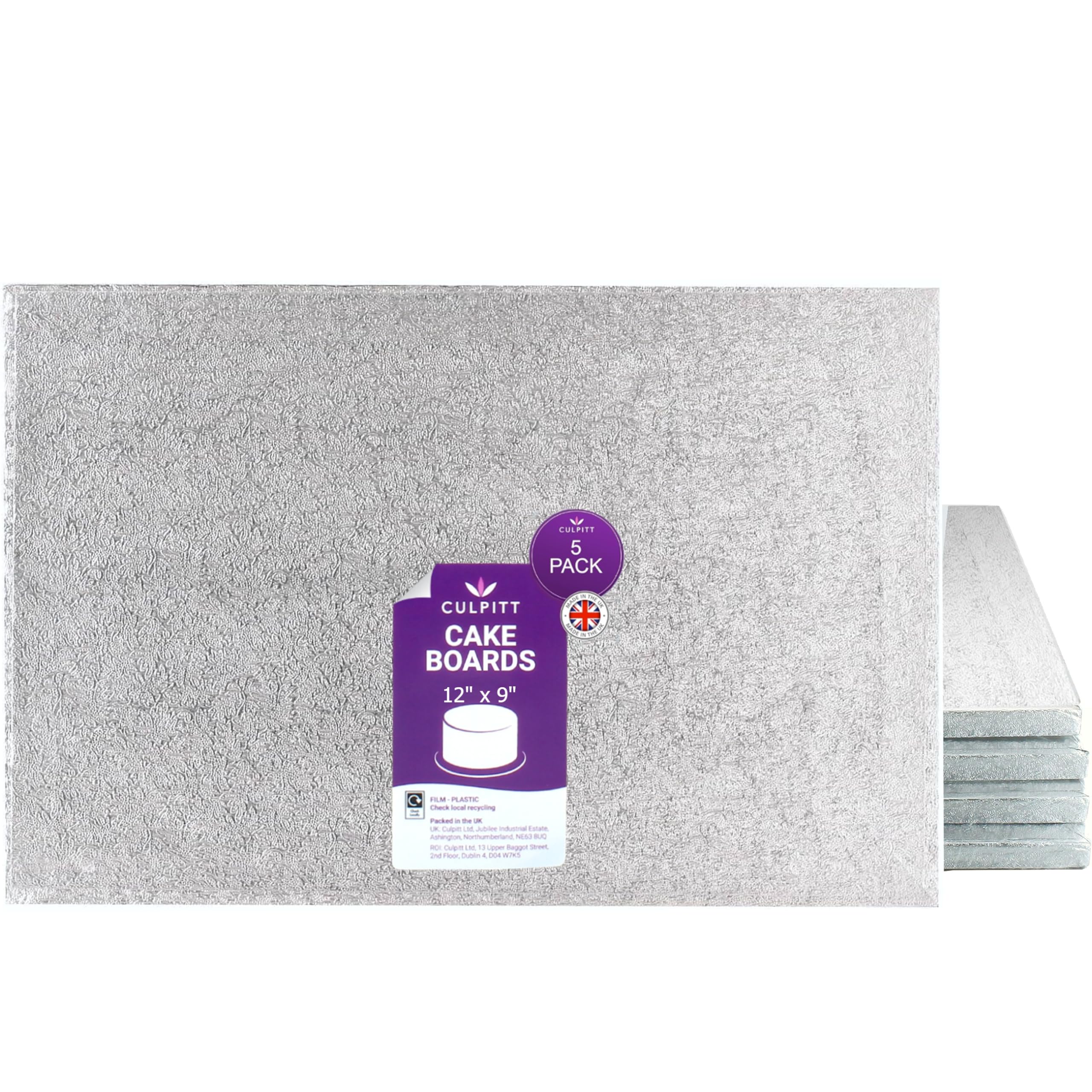 Culpitt 12x9" Silver Oblong Cake Drum – 13mm Thick Rectangular Board, 5 Pack