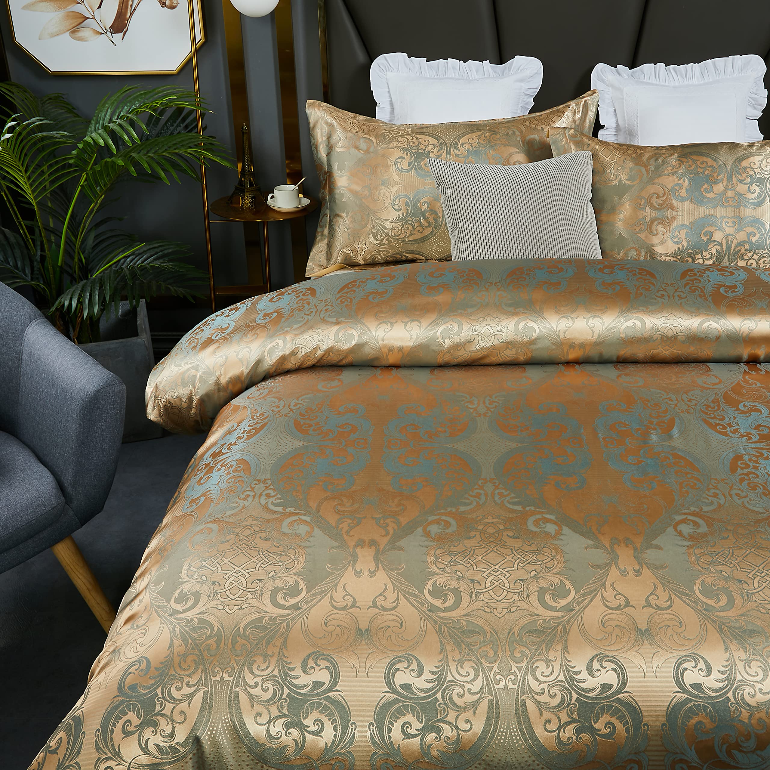 HMtideby Gold Jacquard Duvet Cover Set | Double Microfiber Bedding