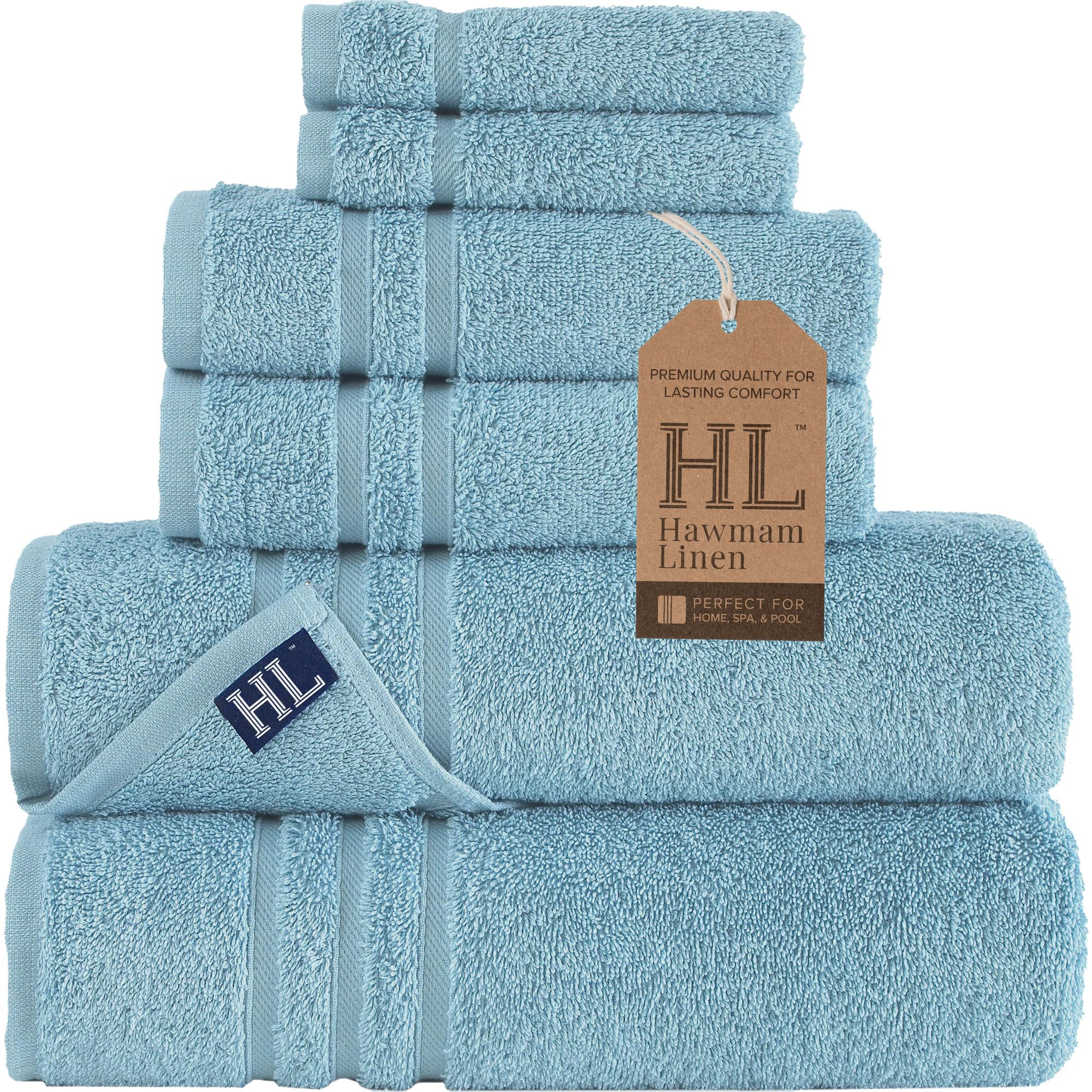 Hawmam Linen 6-Piece Turkish Cotton Bath Towel Set – Light Blue