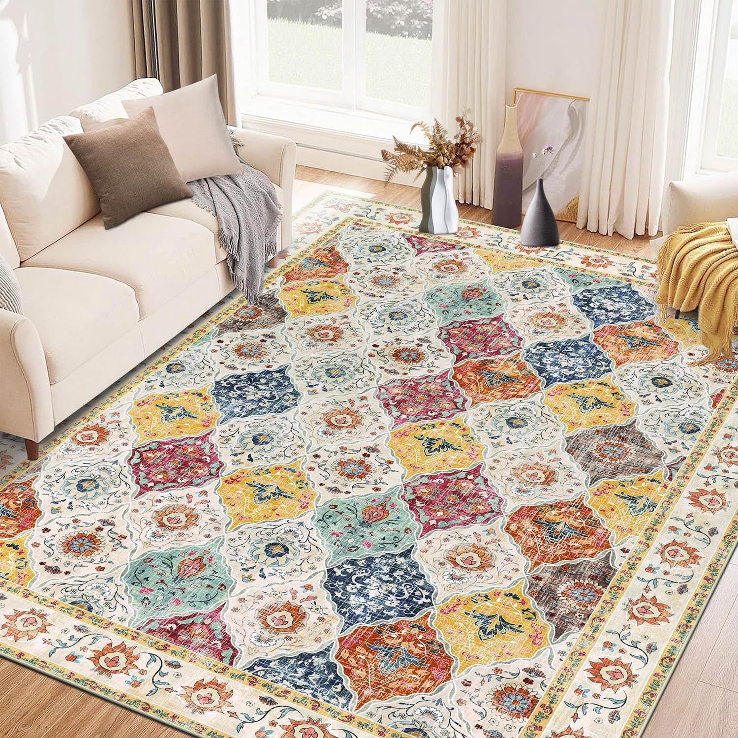 SHACOS Vintage Floral Area Rug – Washable Non-Slip Boho Rug, 160x230cm