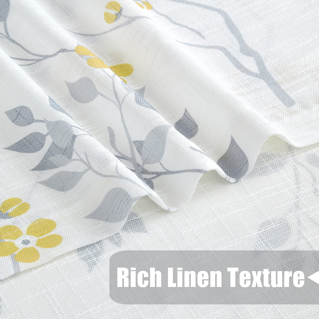 Beauoop Yellow Grey Floral Semi Sheer Linen Curtains - 90 Inch Drop