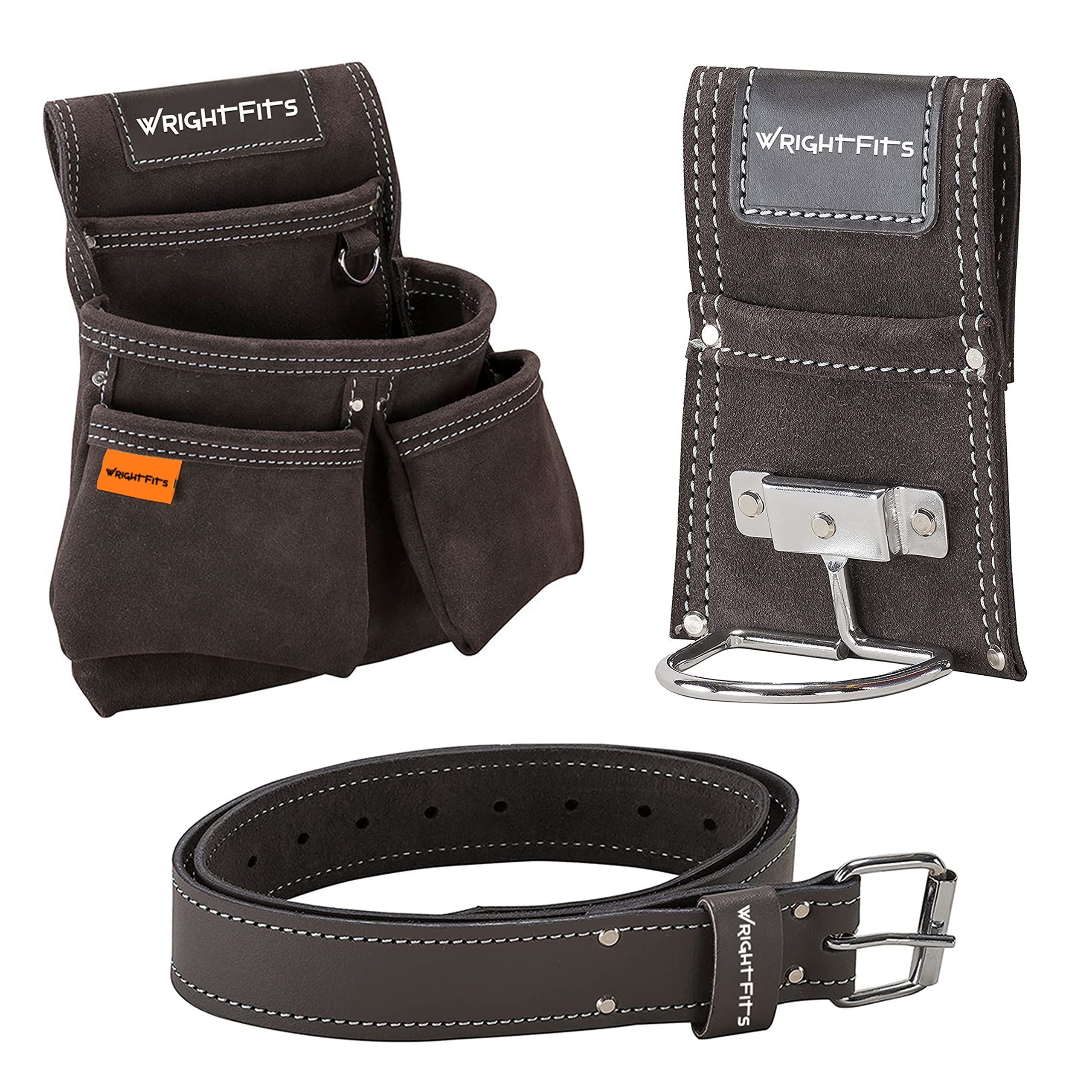 WrightFits Leather Tool Belt Pouch | Multi-Pocket Drill Holster & Organizer