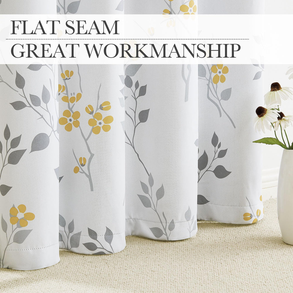 Yellow Grey Floral Blackout Curtains - 72 Inch Thermal Drapes