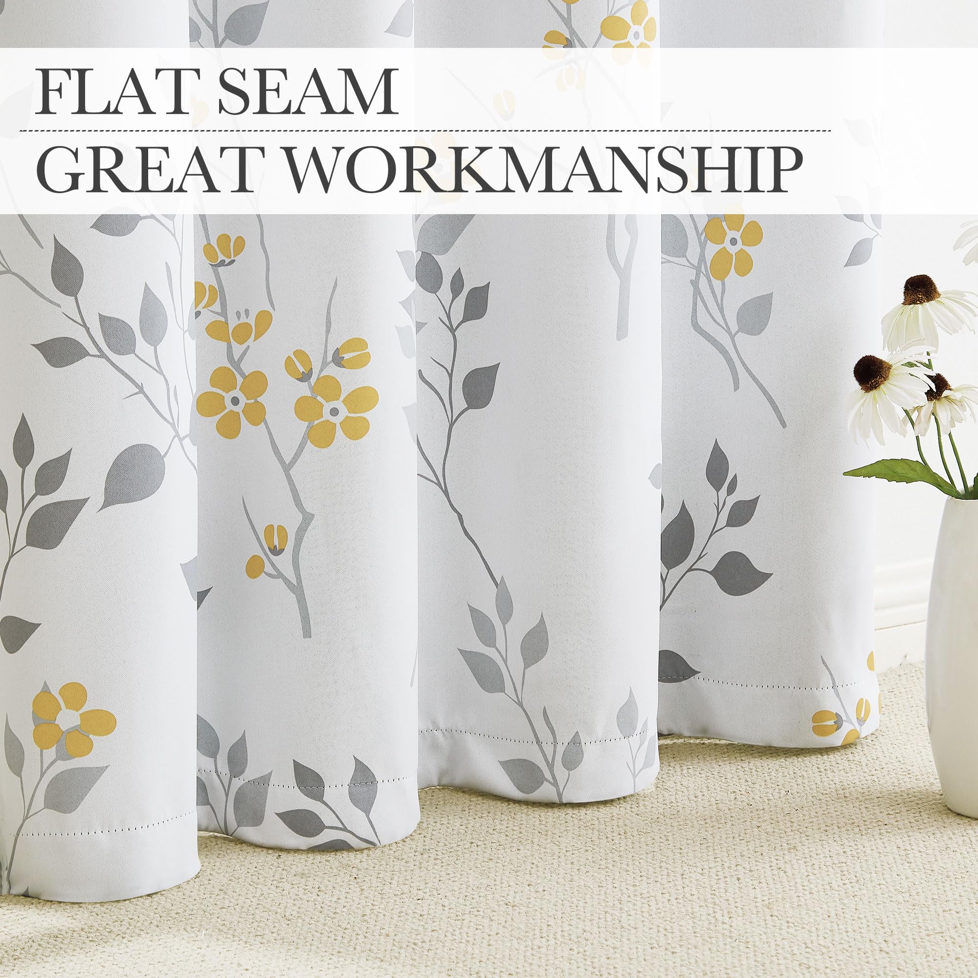 Yellow Grey Floral Blackout Curtains - 72 Inch Thermal Drapes