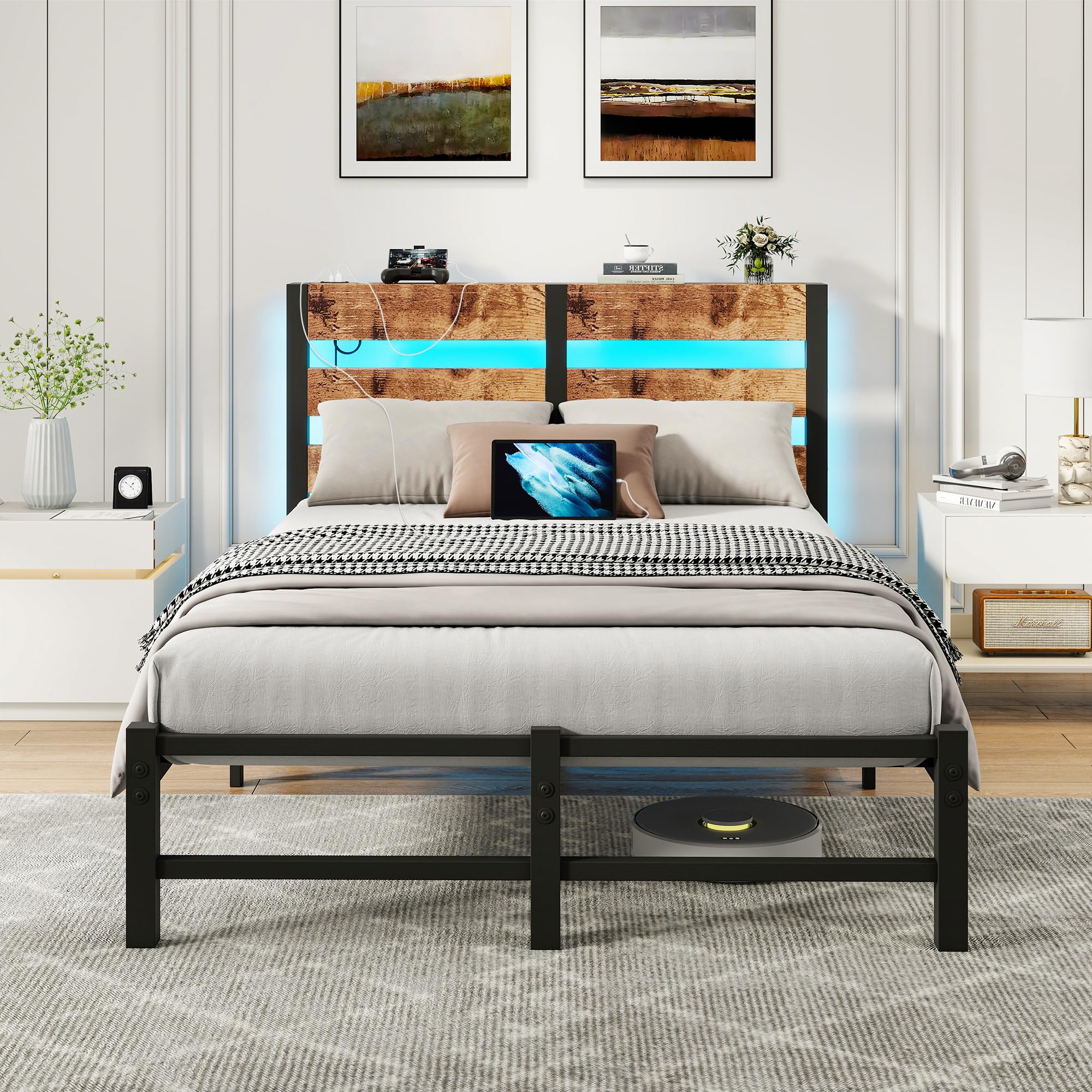 Jolof Store Double Bed Frame with LED Storage Headboard & USB Charging
