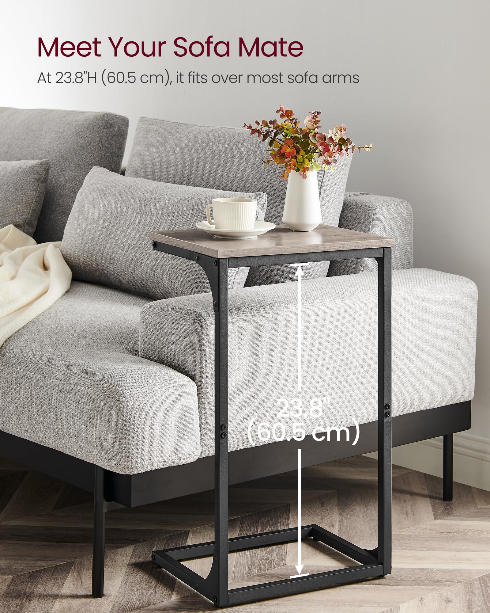 VASAGLE C-Shaped Side Table – Industrial Metal Sofa End Table, Greige