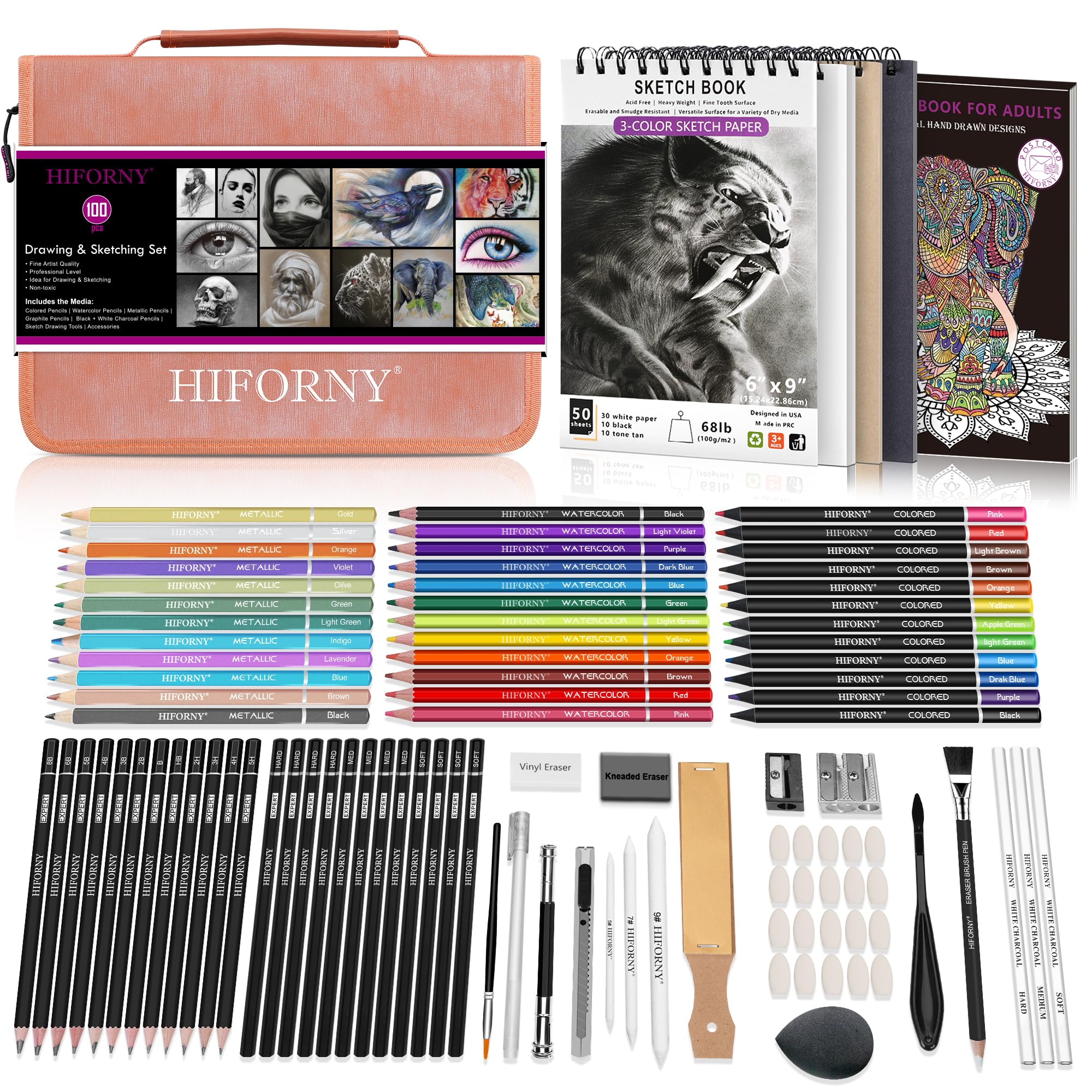 HIFORNY 100 PCS Drawing & Sketching Set | Professional Art Kit with Case