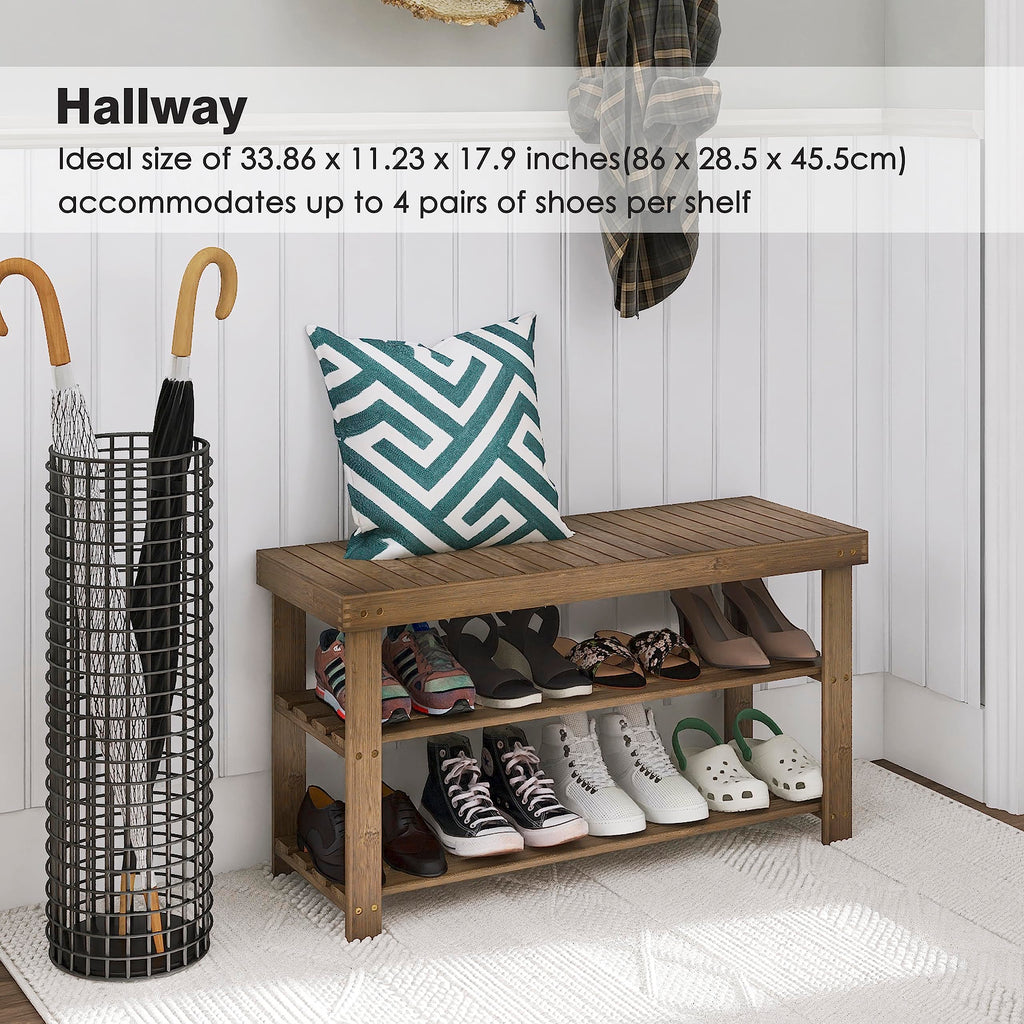 SMIBUY 3-Tier Bamboo Shoe Rack Bench – Entryway Storage Shelf, Walnut