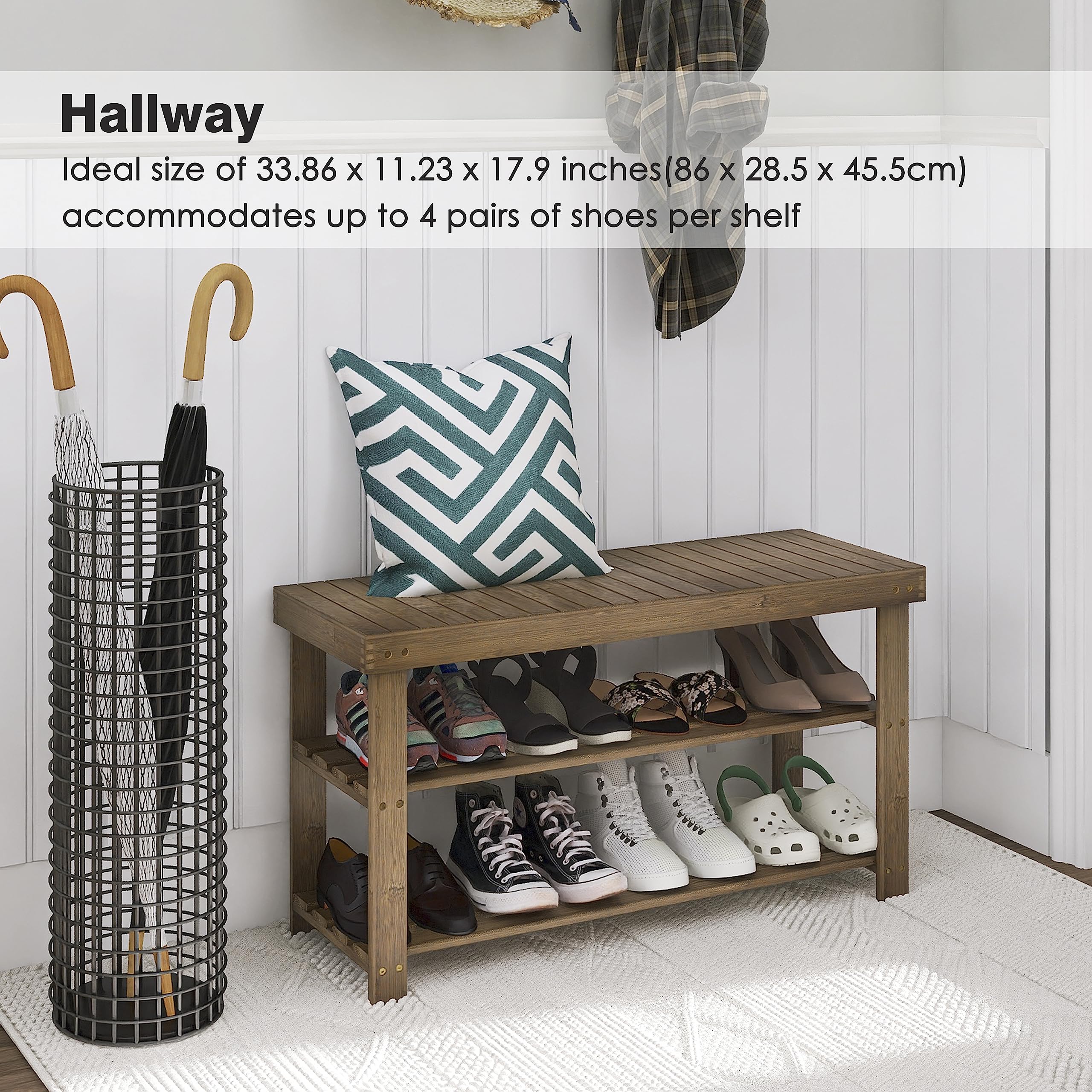 SMIBUY 3-Tier Bamboo Shoe Rack Bench – Entryway Storage Shelf, Walnut