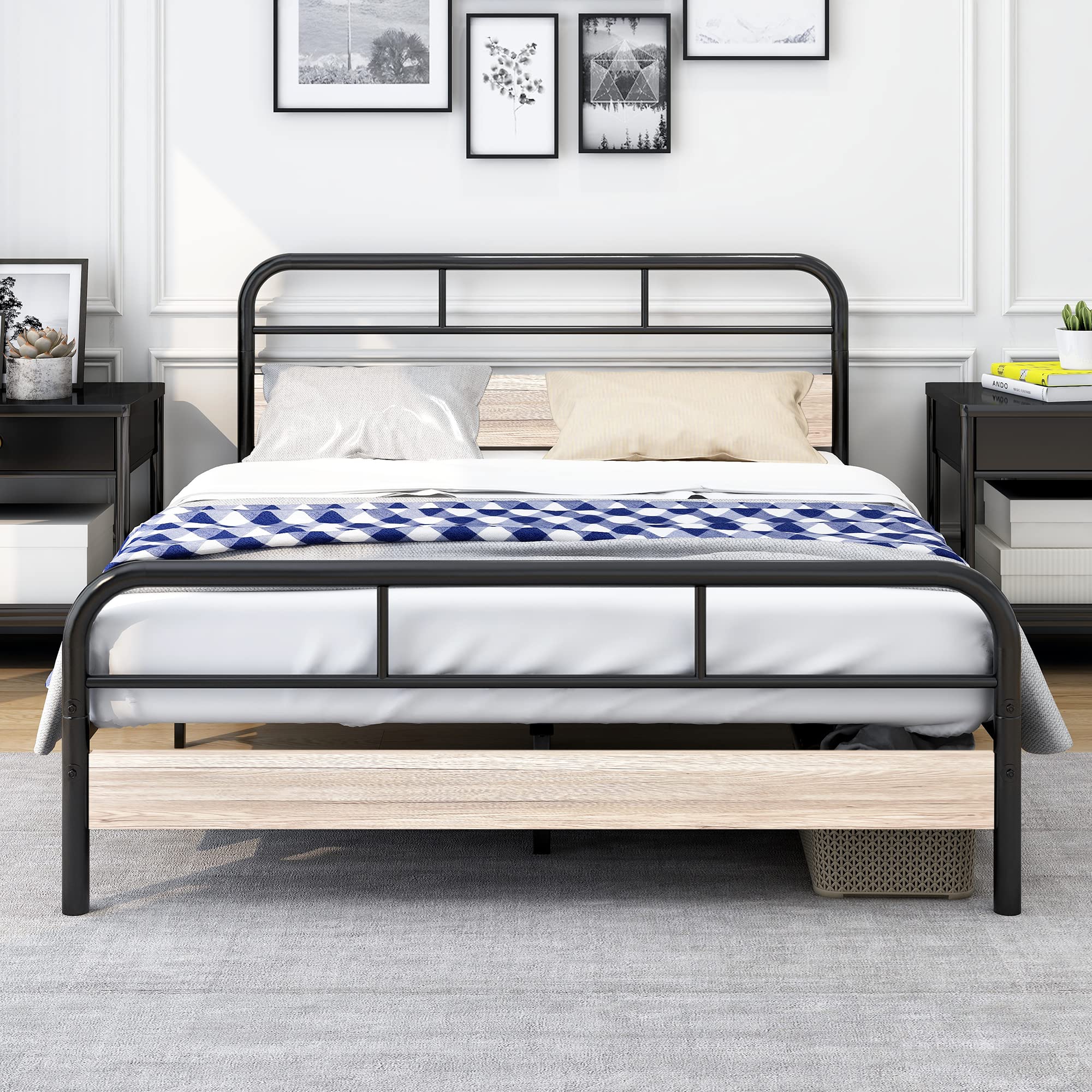 Diahomy King Bed Frame – Metal Platform Bed with Wooden Headboard
