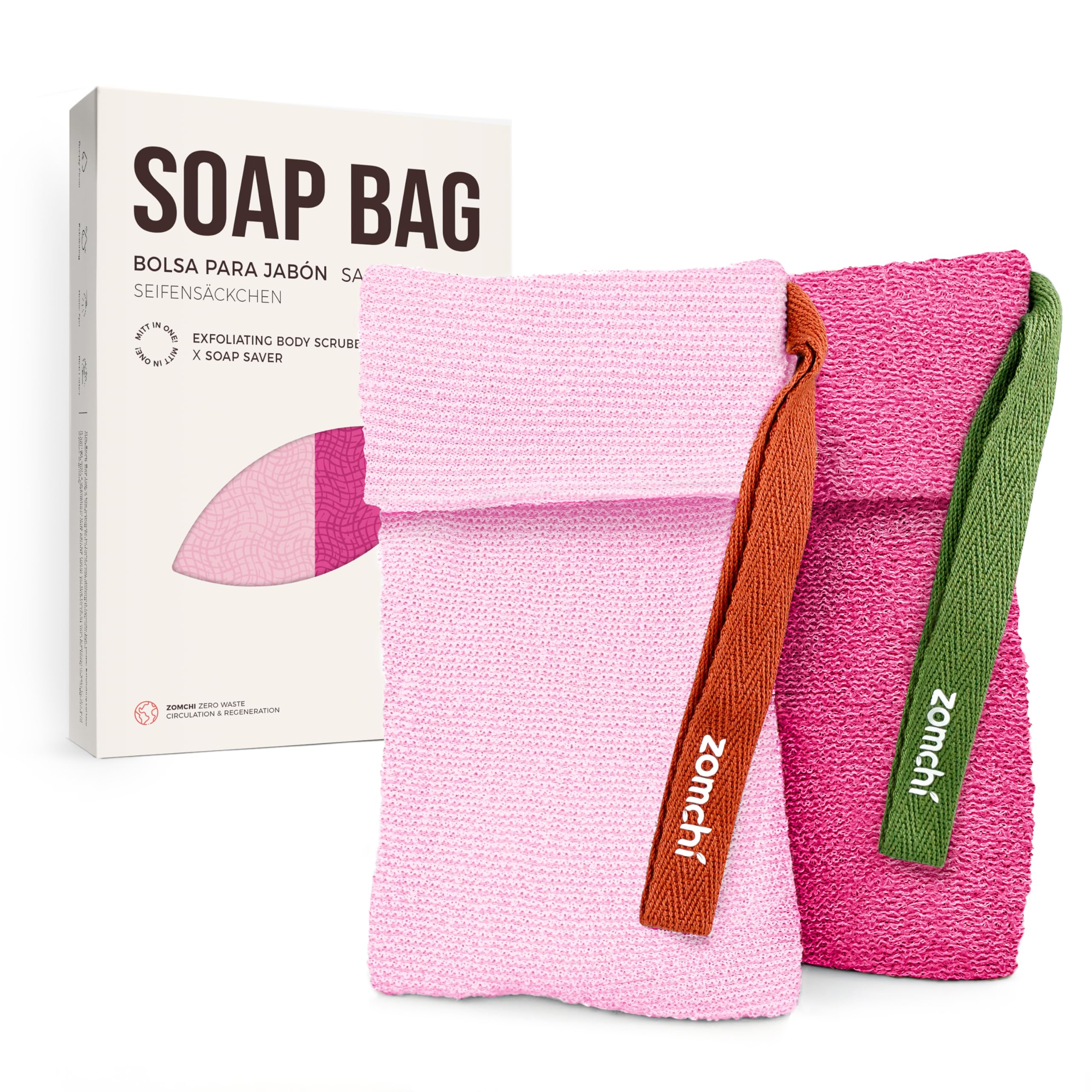 ZOMCHI Exfoliating Soap Saver Bag - 2 Pack Nylon Pouch for Body Wash, Pink