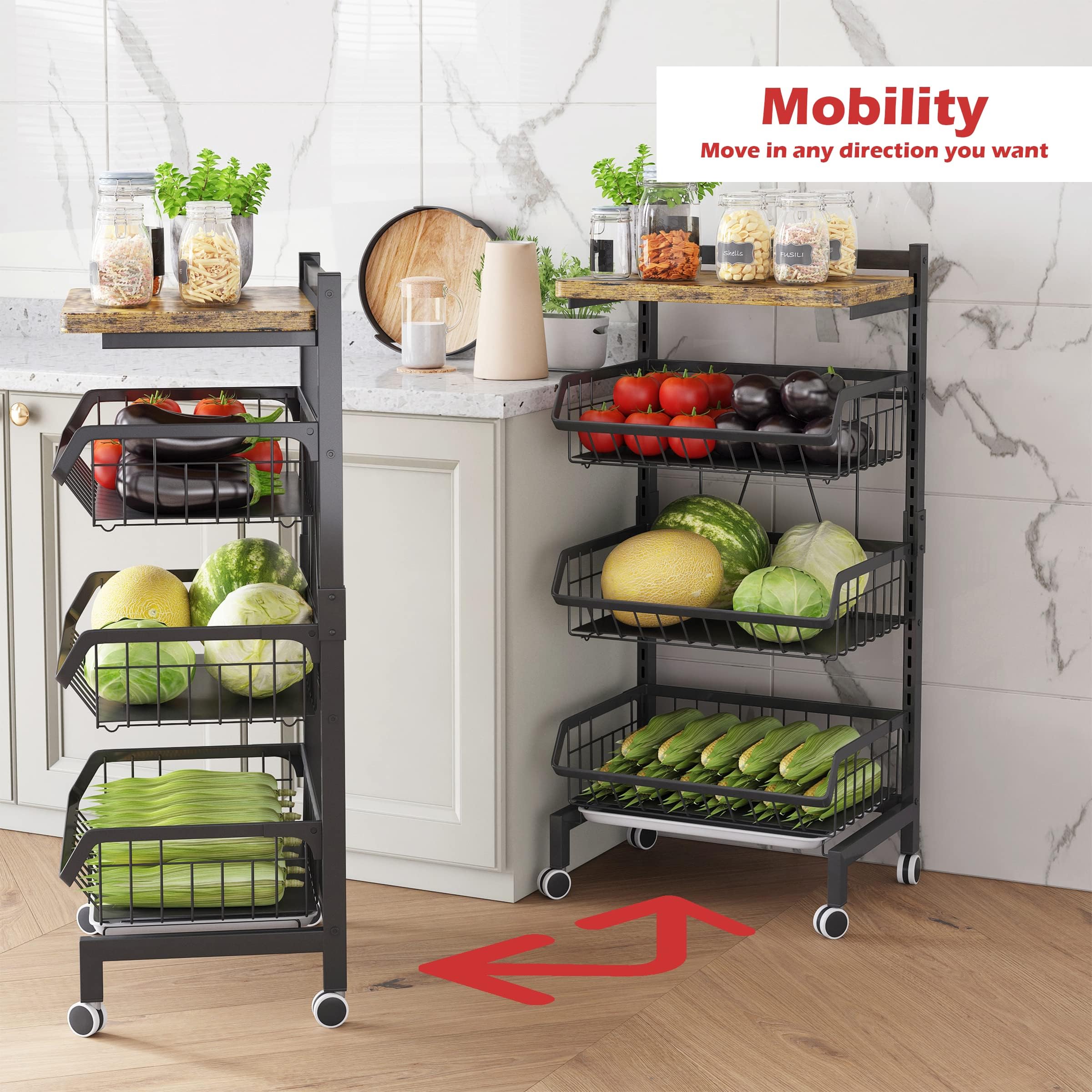 UMDONX 4-Tier Kitchen Vegetable Storage Trolley | Black Metal Rolling Cart