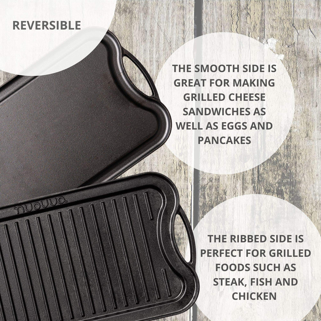 Nuovva Reversible Cast Iron Griddle Plate | Double Sided BBQ & Gas Hob Pan