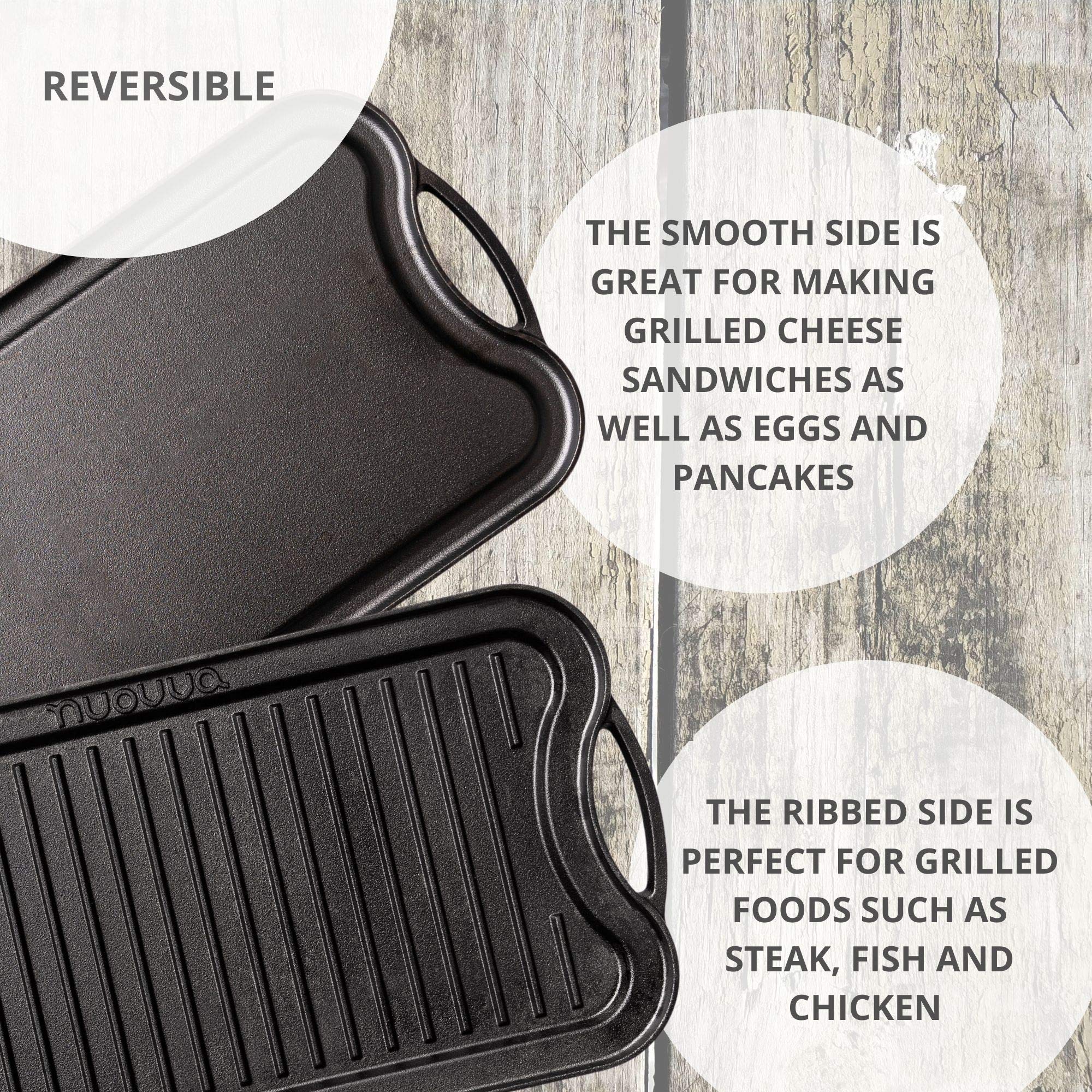 Nuovva Reversible Cast Iron Griddle Plate | Double Sided BBQ & Gas Hob Pan