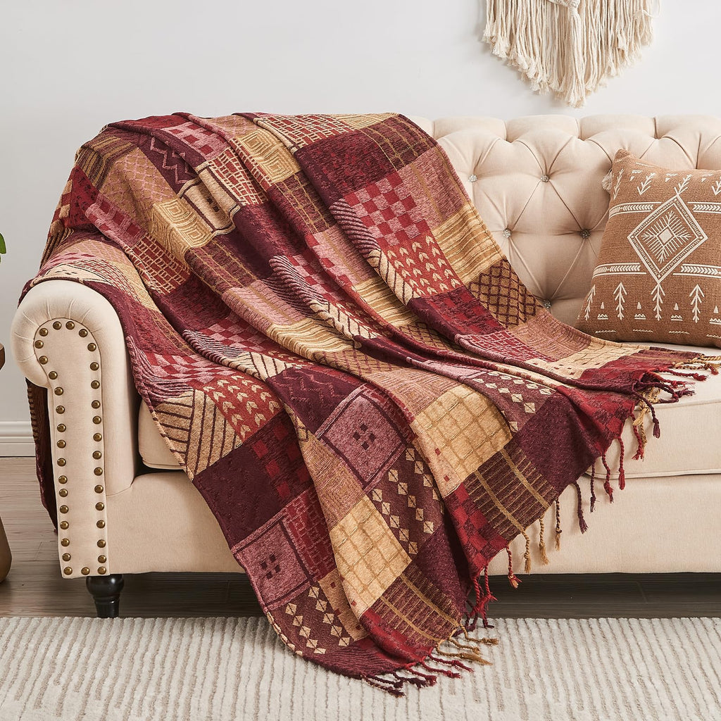 Edcooy Boho Throw Blanket – Patchwork Chenille Sofa Cover with Tassels