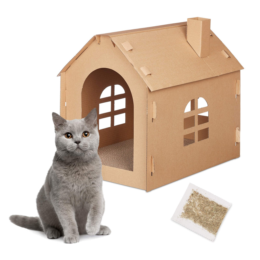Relaxdays Cardboard Cat House with Scratching Board and Catnip – Brown