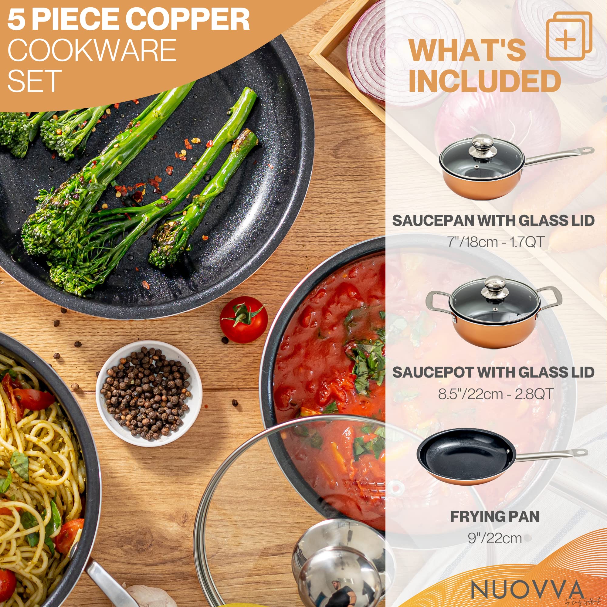 Nuovva 5-Piece Non-Stick Copper Cookware Set | Oven & Induction Safe