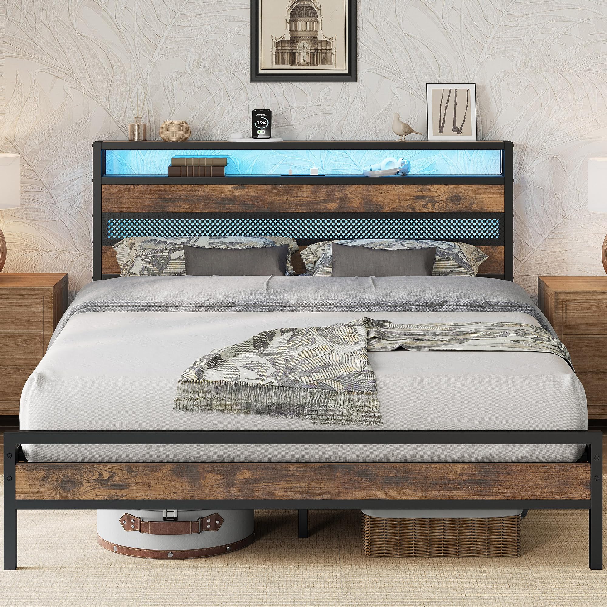 IRONCK King Size Metal Bed Frame with Storage Headboard and LED Lights
