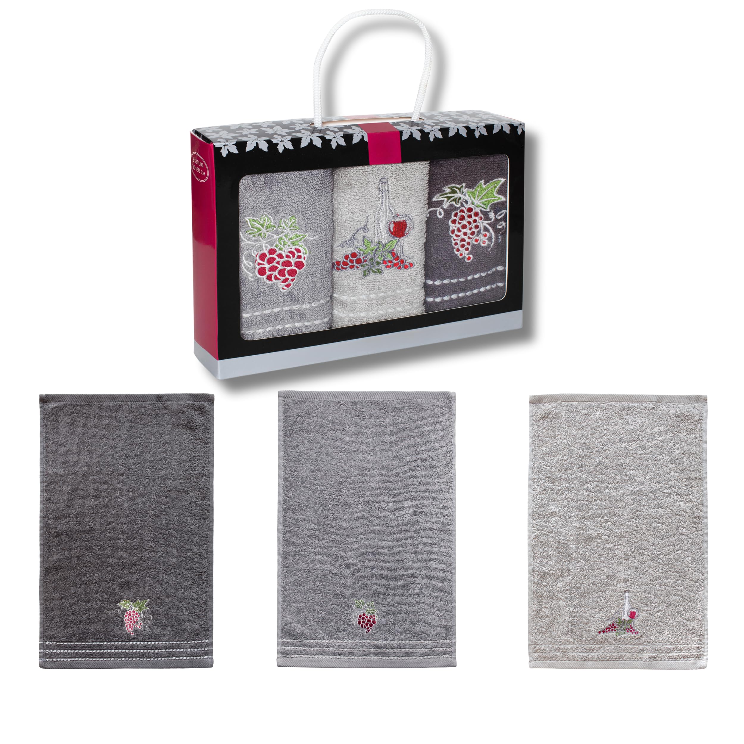 damaloo Cotton Guest Towels – Pack of 3 Grape Design Face Towels – Gray