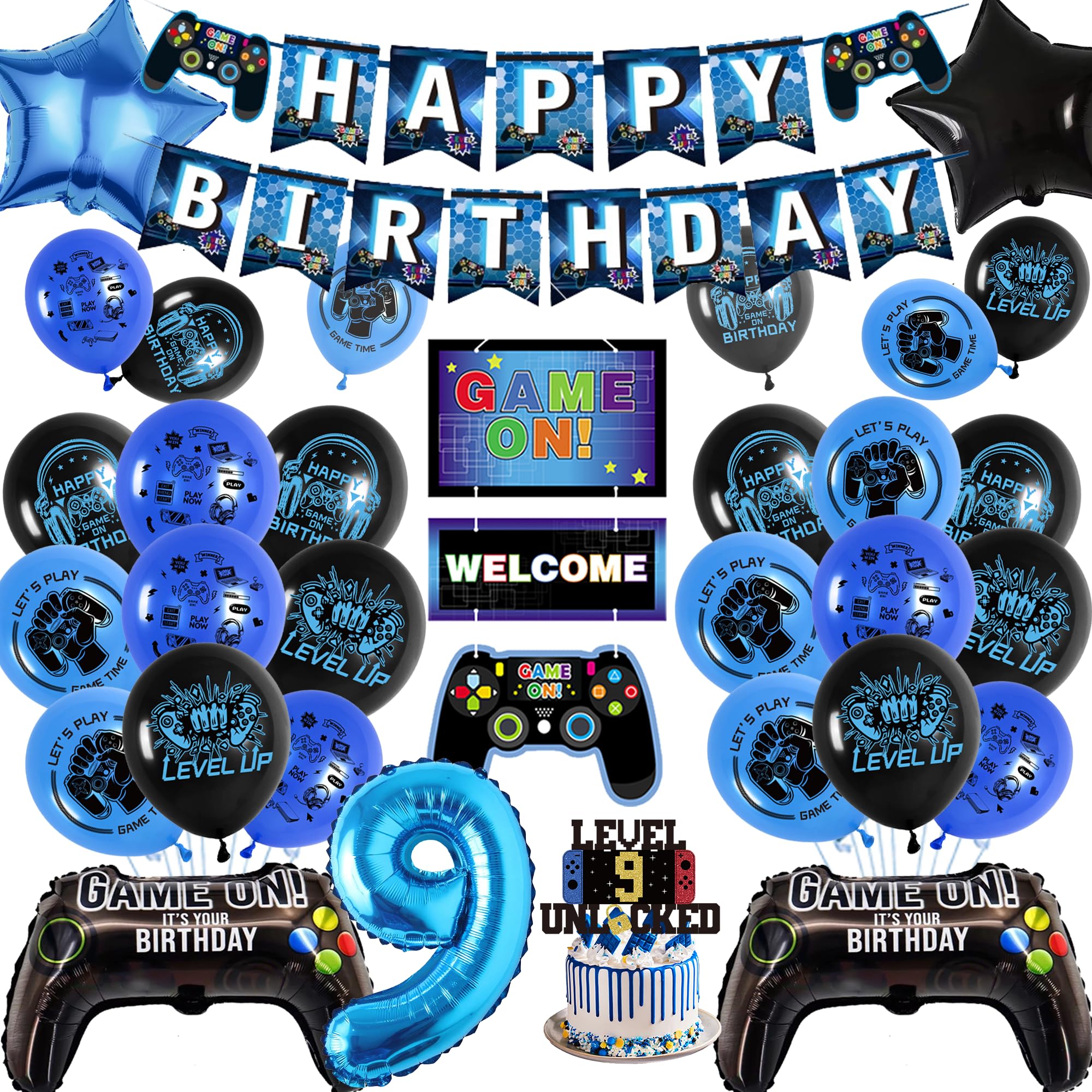 9th Birthday Gaming Party Decor - Blue Video Game Balloon Kit