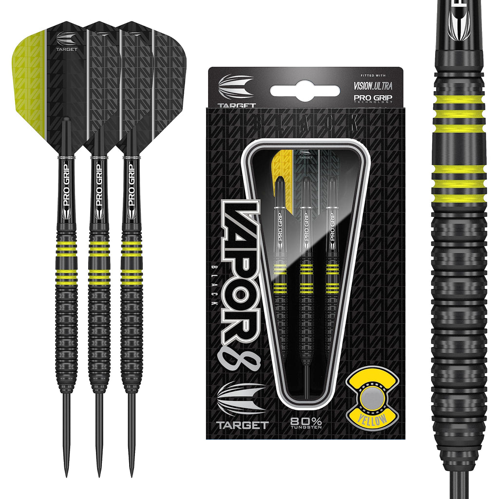 Target Darts Vapor 8 Black 80% Tungsten Steel Tip Darts Set - 22g Yellow