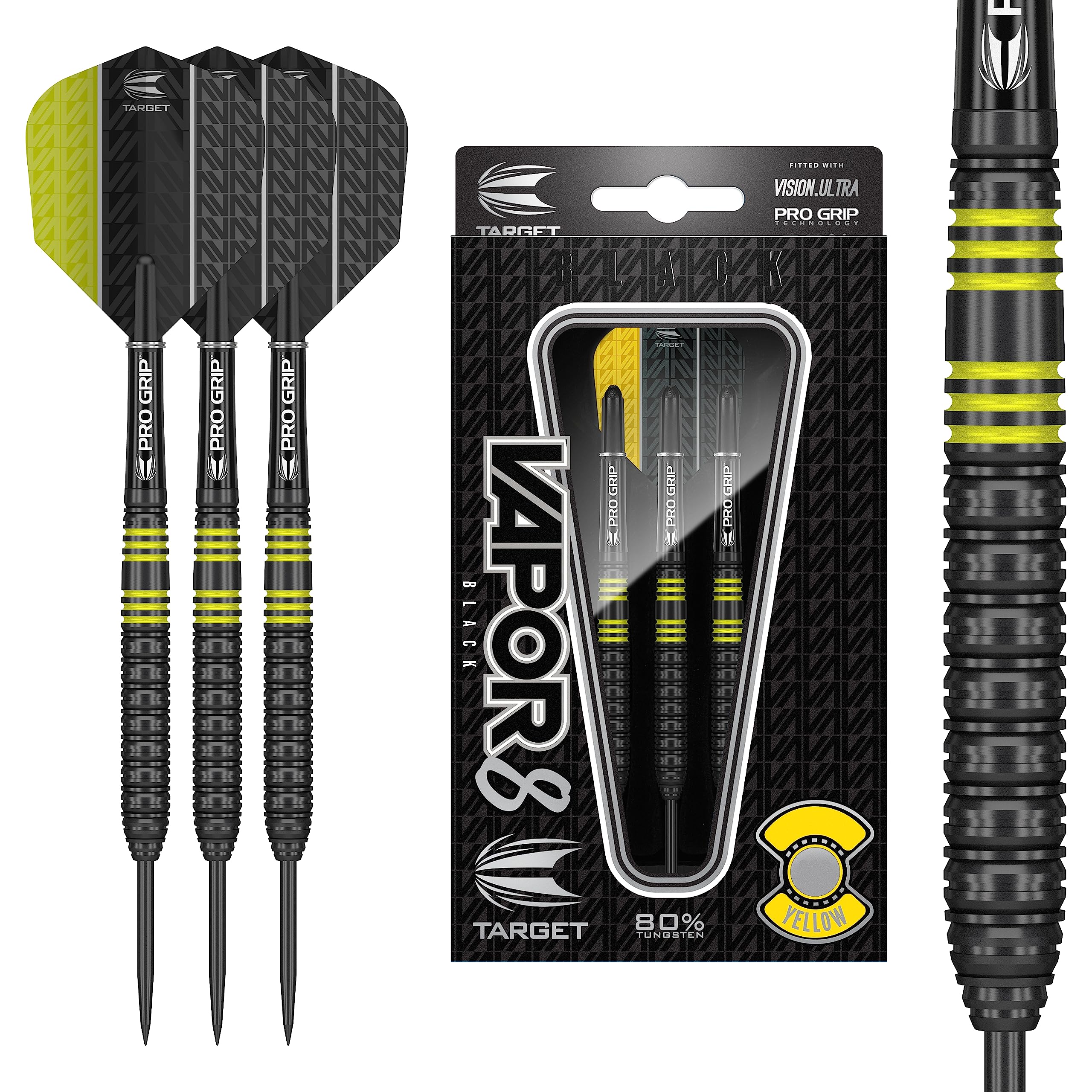 Target Darts Vapor 8 Black 80% Tungsten Steel Tip Darts Set - 22g Yellow