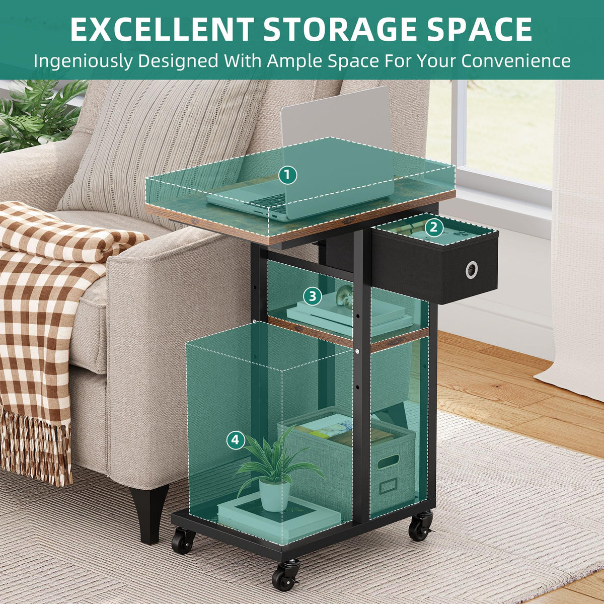 YITAHOME 2PCS Bedside Table, C-Shaped Side Table with Drawer and Wheels - image 4