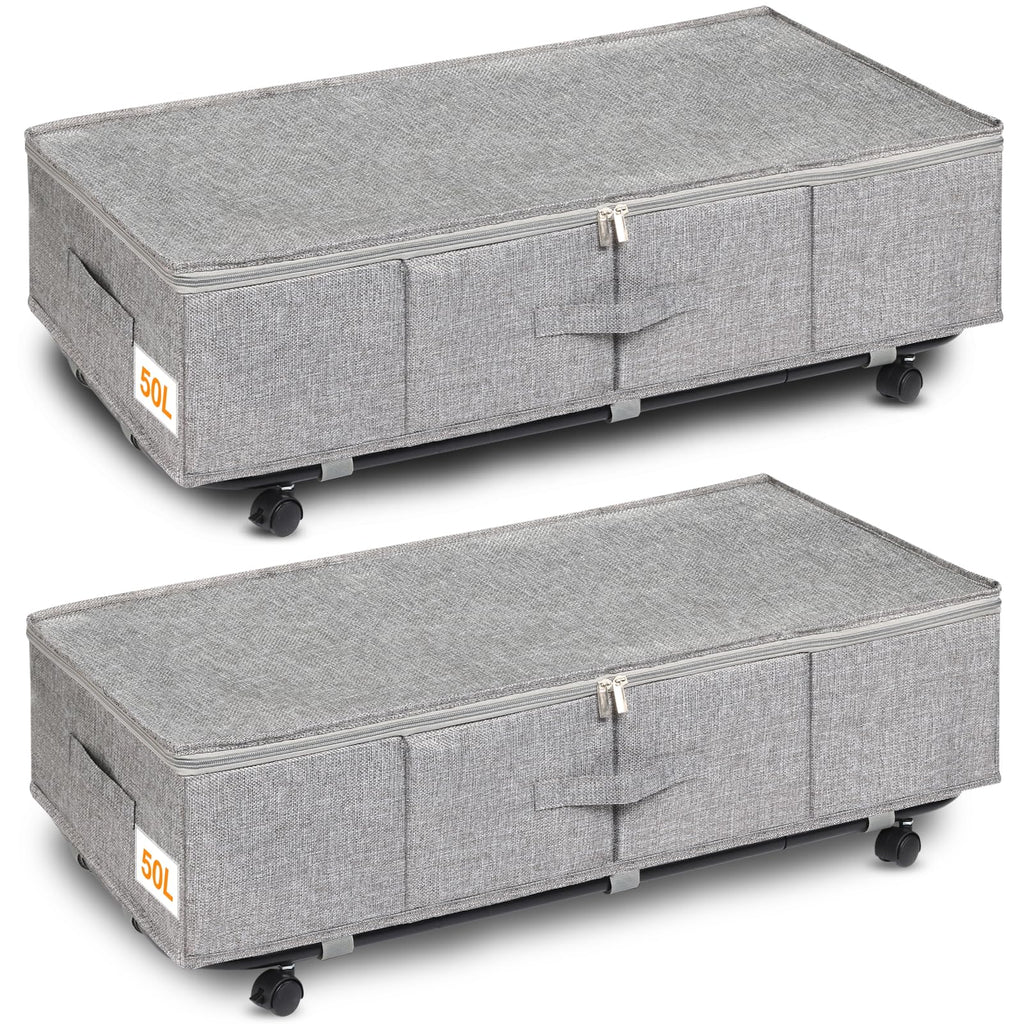 Huquter Under Bed Storage on Wheels | 50L Foldable Rolling Bin, 2 Pack