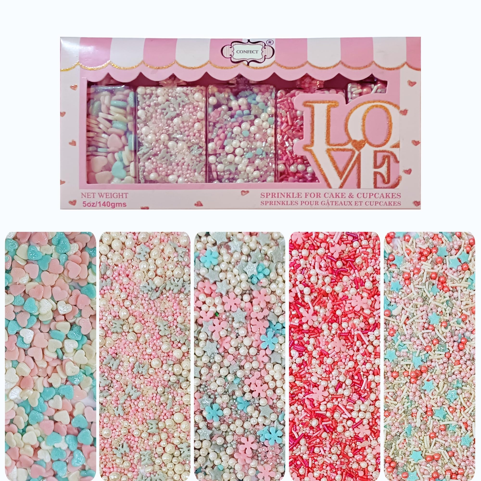 Confect Bake Stable Cake Sprinkles – Aqua Blue, Pink & Silver Heart Mix