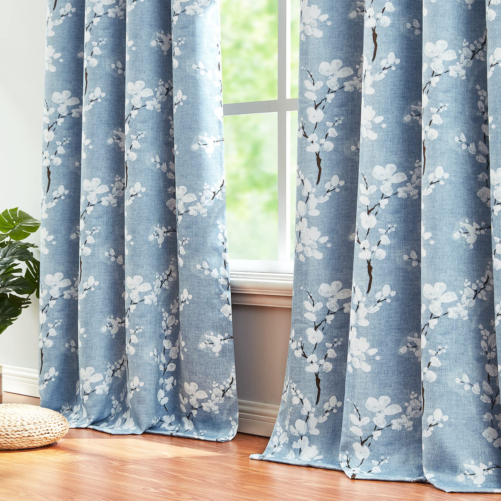 Fmfunctex Blue Floral Blackout Curtains | 72" Thermal Grommet Window Panels