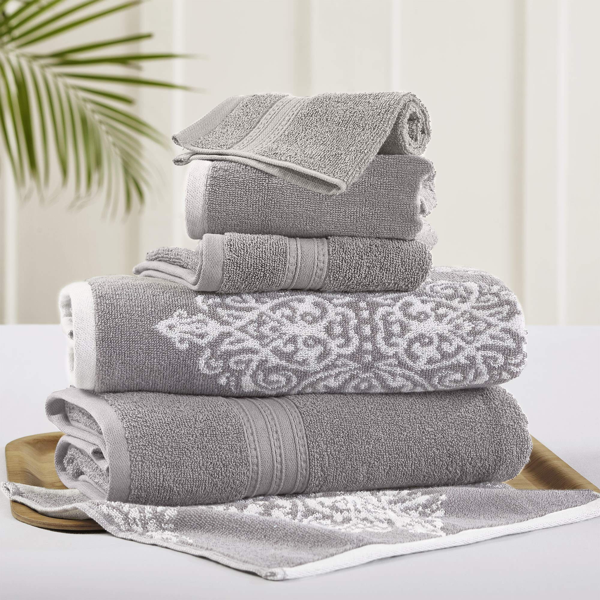 Modern Threads Artesia Damask 6-Piece 100% Cotton Jacquard Towel Set - Grey