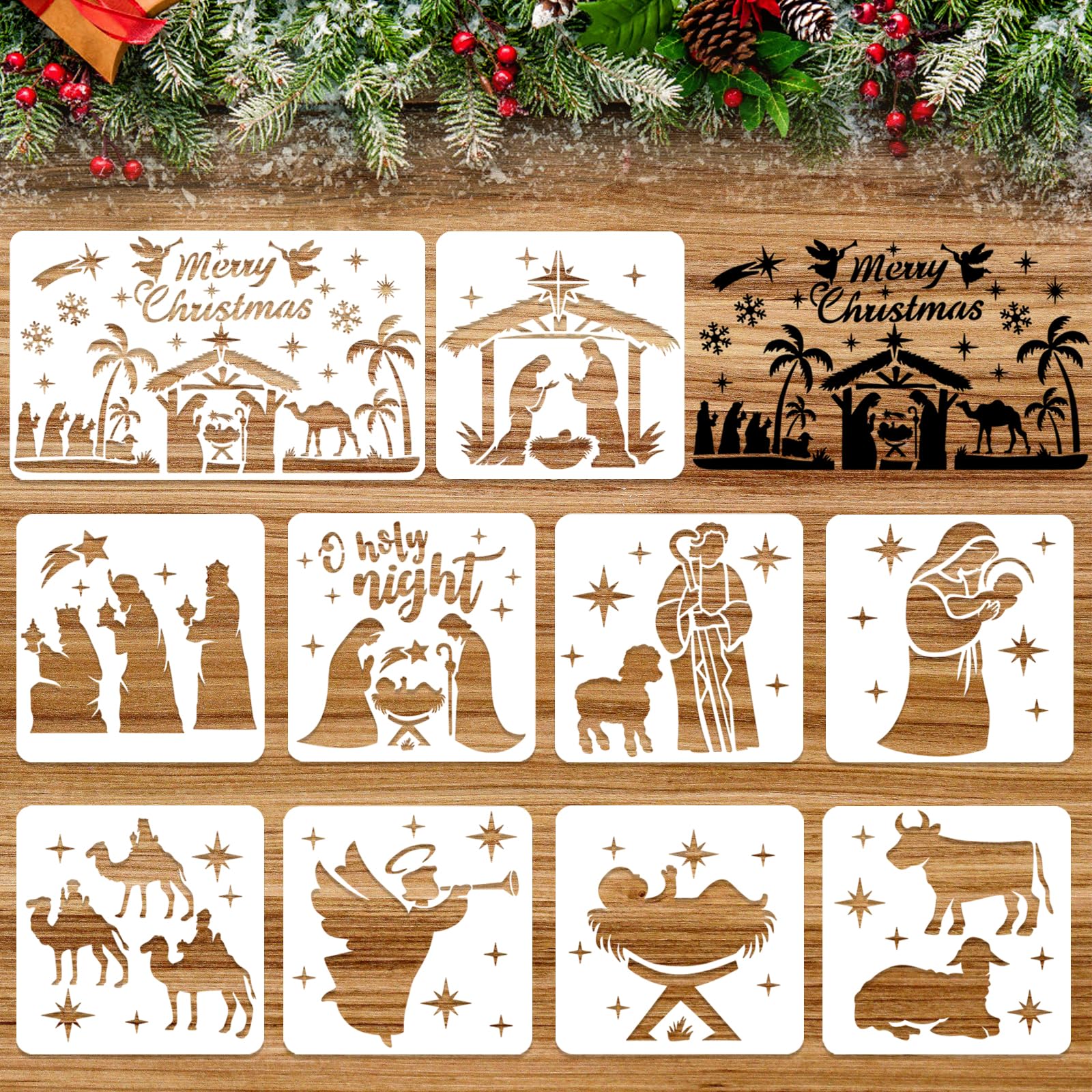 HOWAF 10-Piece Nativity Scene Stencils – Reusable Plastic Christmas Templates