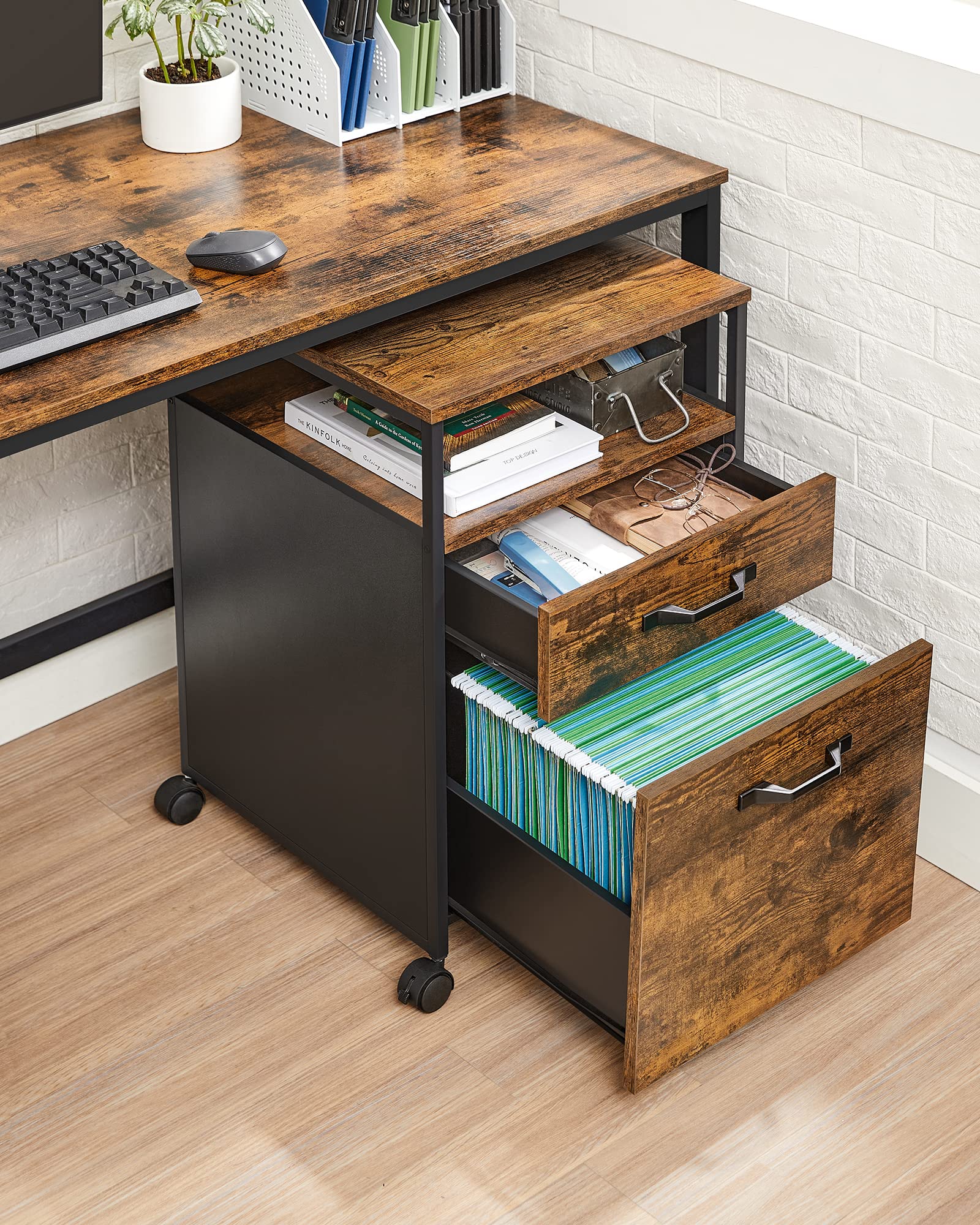 VASAGLE Mobile File Cabinet – 2-Drawer Rolling Office Storage, Rustic Brown
