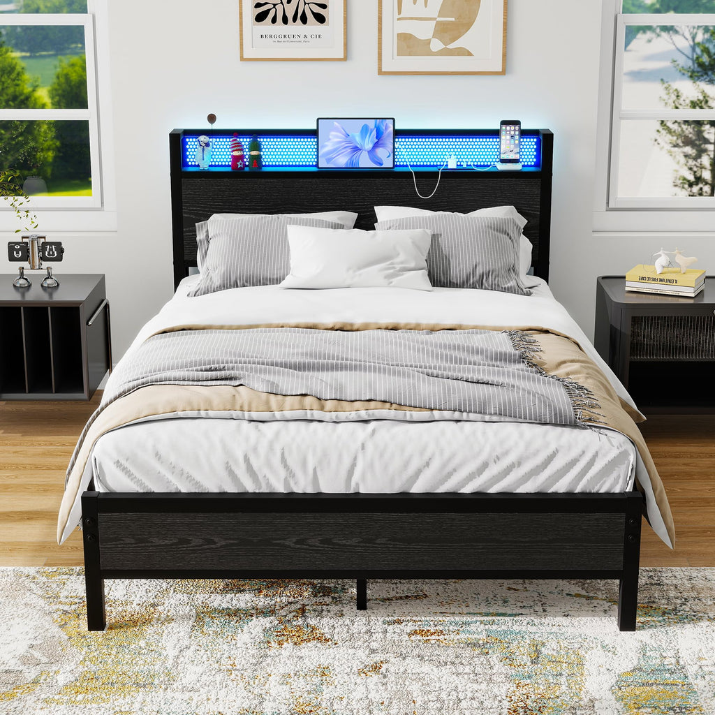 Diahomy 4ft6 Double Bed Frame with Storage Headboard&LED Lights,Black
