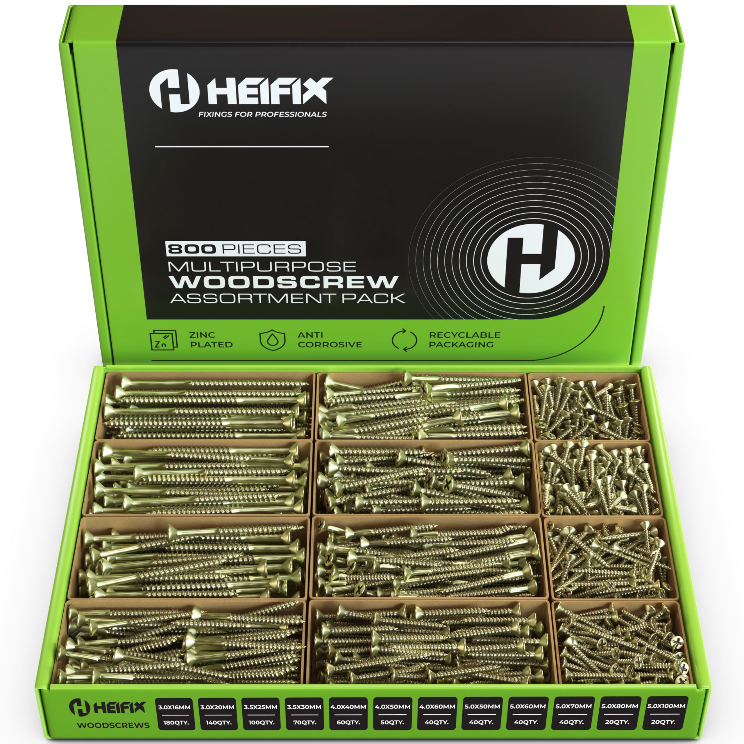 Heifix 800-Piece Wood Screw Assortment Set | Heavy Duty Pozi Kit