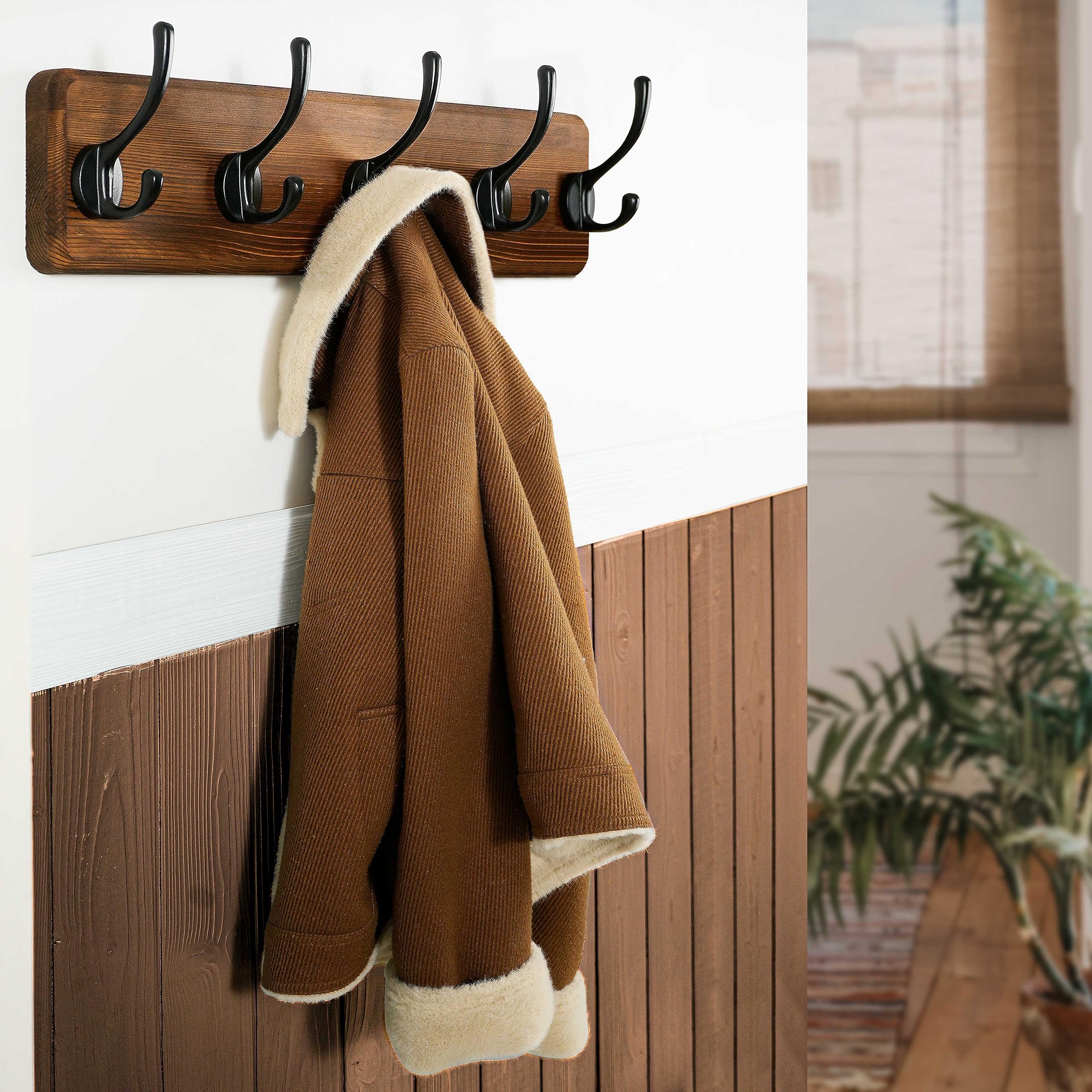WEBI Rustic Solid Wood Wall Mounted Coat Rack with 5 Hooks - 2 Pack