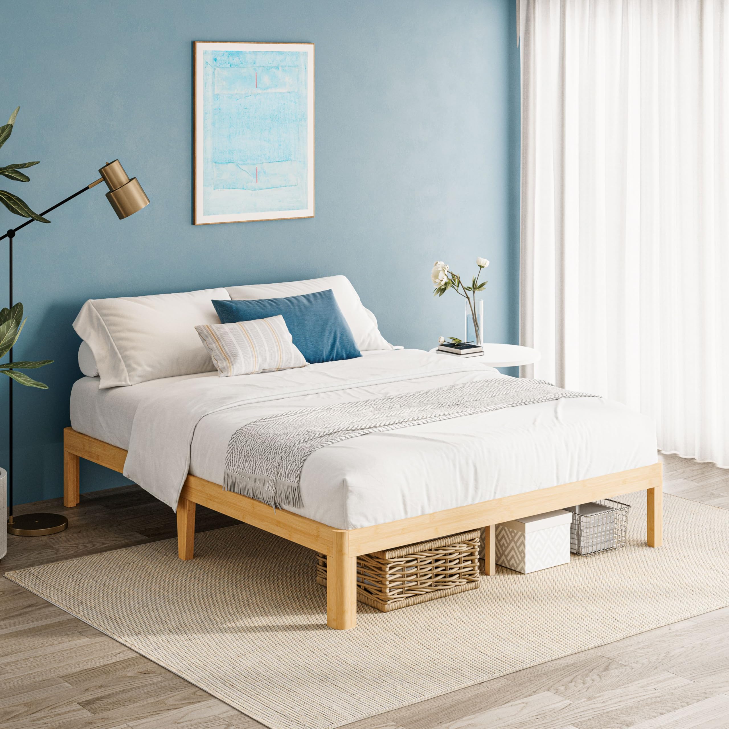 QFtime Bamboo Double Bed Frame – Platform Wood Bed with Metal Slats