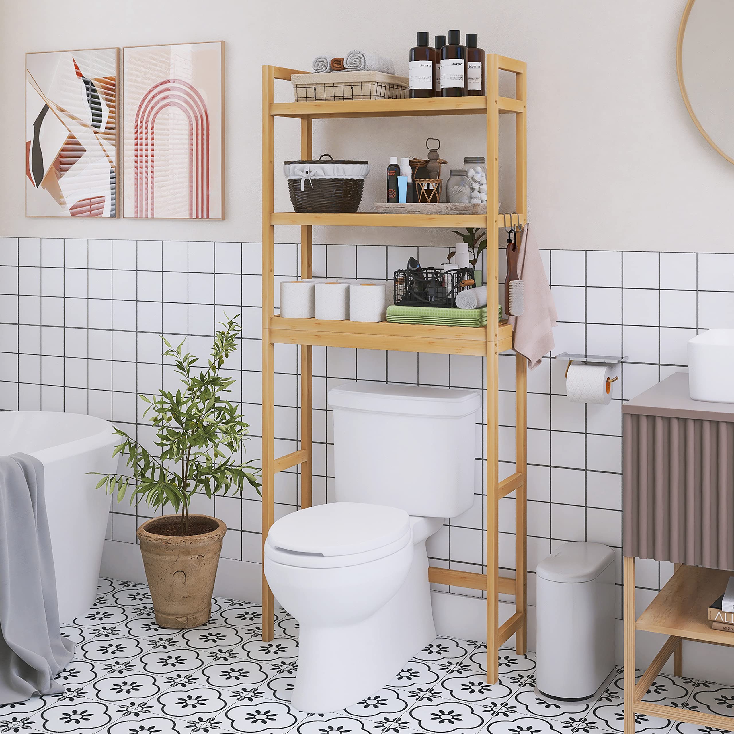 SMIBUY Bamboo Over-The-Toilet Storage Rack – 3-Tier Adjustable Shelf, Natural