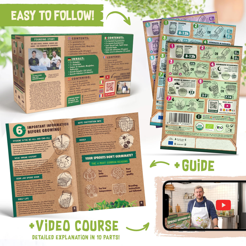 ZenGreens Organic Sprout Jar Set with Seeds, Tray & Video Course