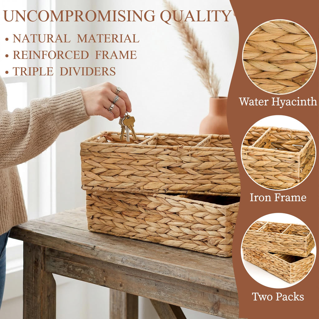 Pumtus 2 Pack 3-Section Wicker Baskets, Water Hyacinth Storage Bin, Handwoven Desk Organizer, Toilet Paper Container - image 3