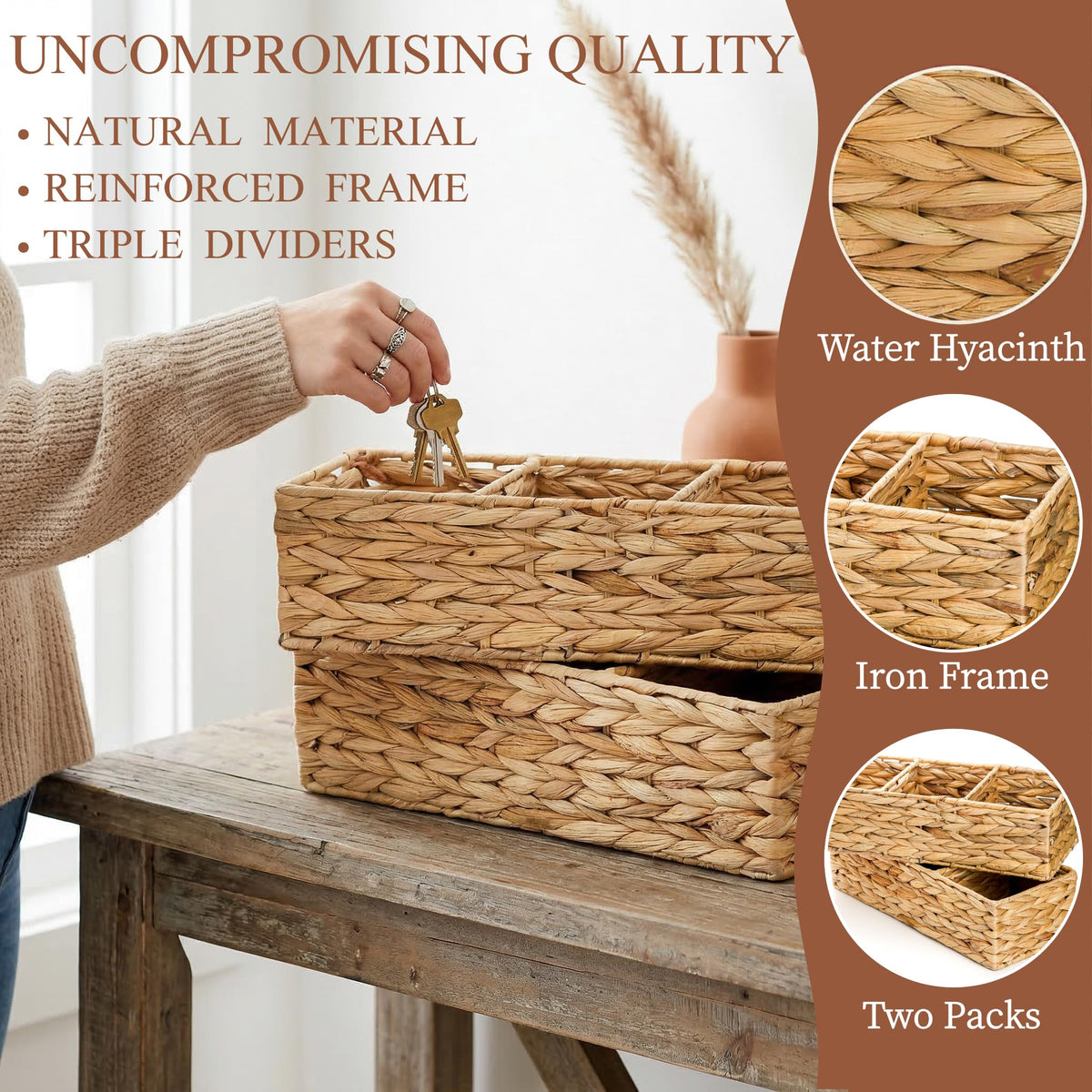 Pumtus 2 Pack 3-Section Wicker Baskets, Water Hyacinth Storage Bin, Handwoven Desk Organizer, Toilet Paper Container - image 3