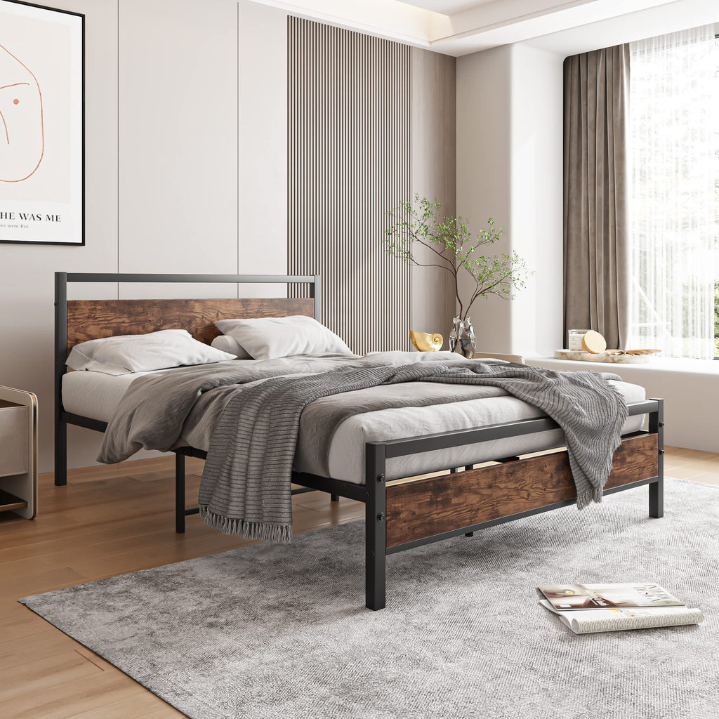 HOJINLINERO Double Bed Frame – Heavy Duty Metal Platform with Wood Headboard