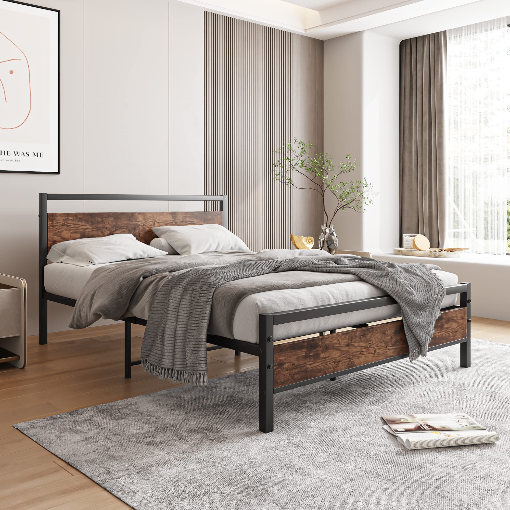 HOJINLINERO Double Bed Frame – Heavy Duty Metal Platform with Wood Headboard
