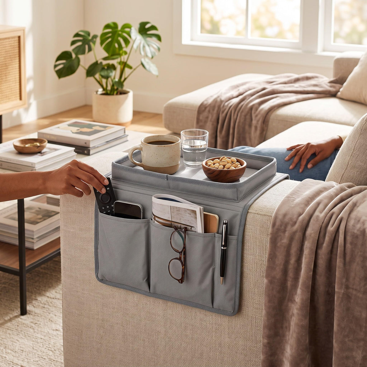 Ejoyous Sofa Armrest Organizer, 4 Pockets Couch Bag for TV Remote Control, Oxford Cloth Armchair Storage with Cup Holder Tray Gray