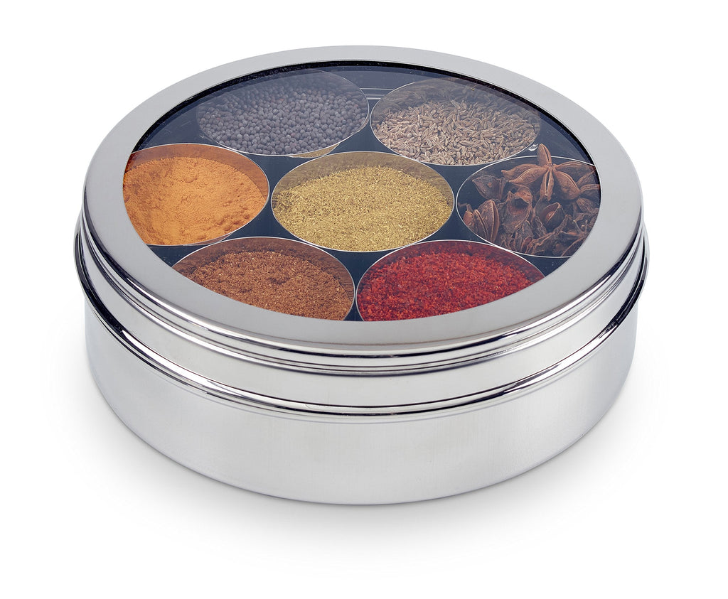 Zinel Stainless Steel Masala Dabba Spice Box with 7 Compartments, 22cm
