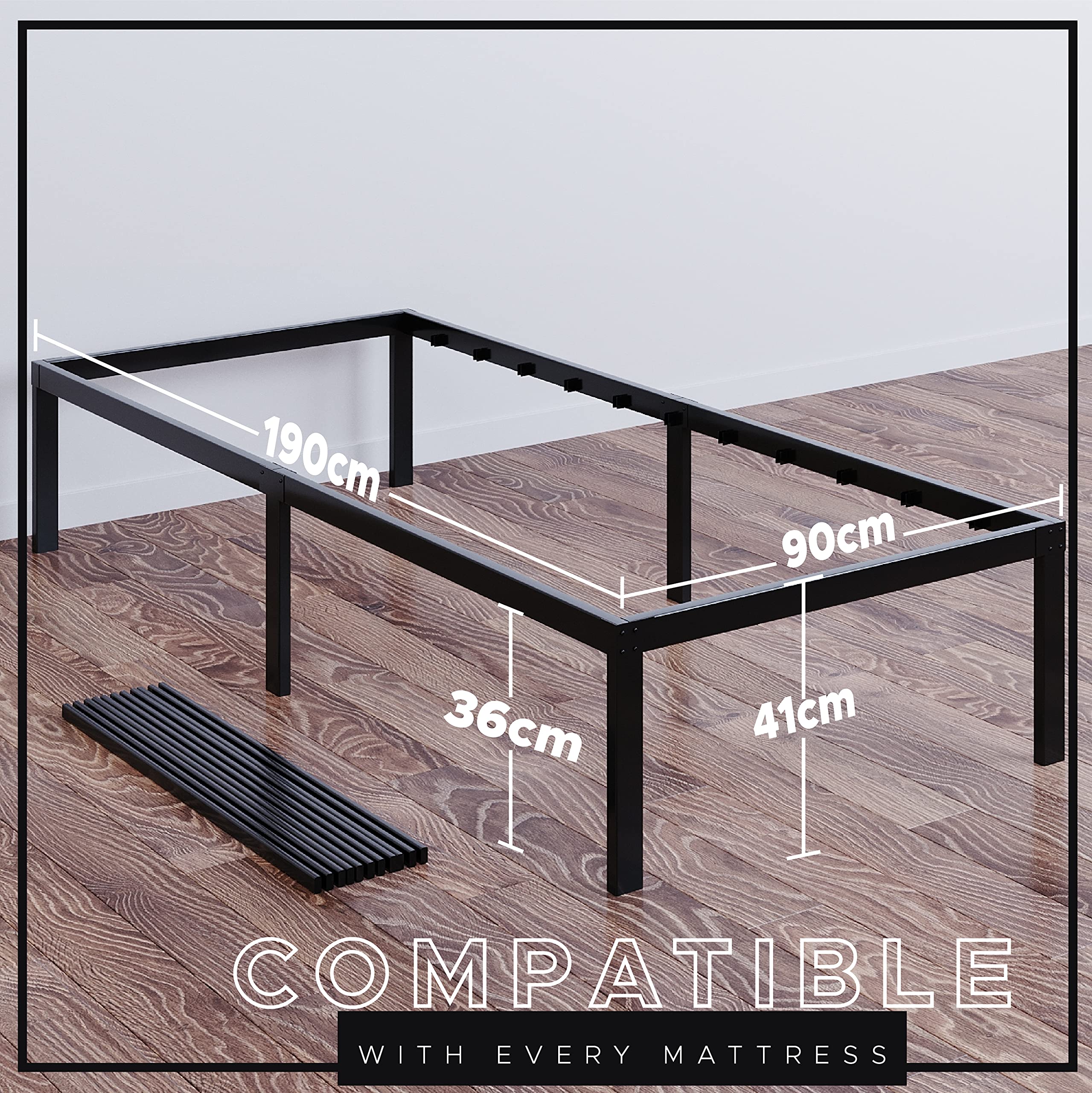 Dreamzie Metal Single Bed Frame 90x190cm | Sturdy Platform with Storage