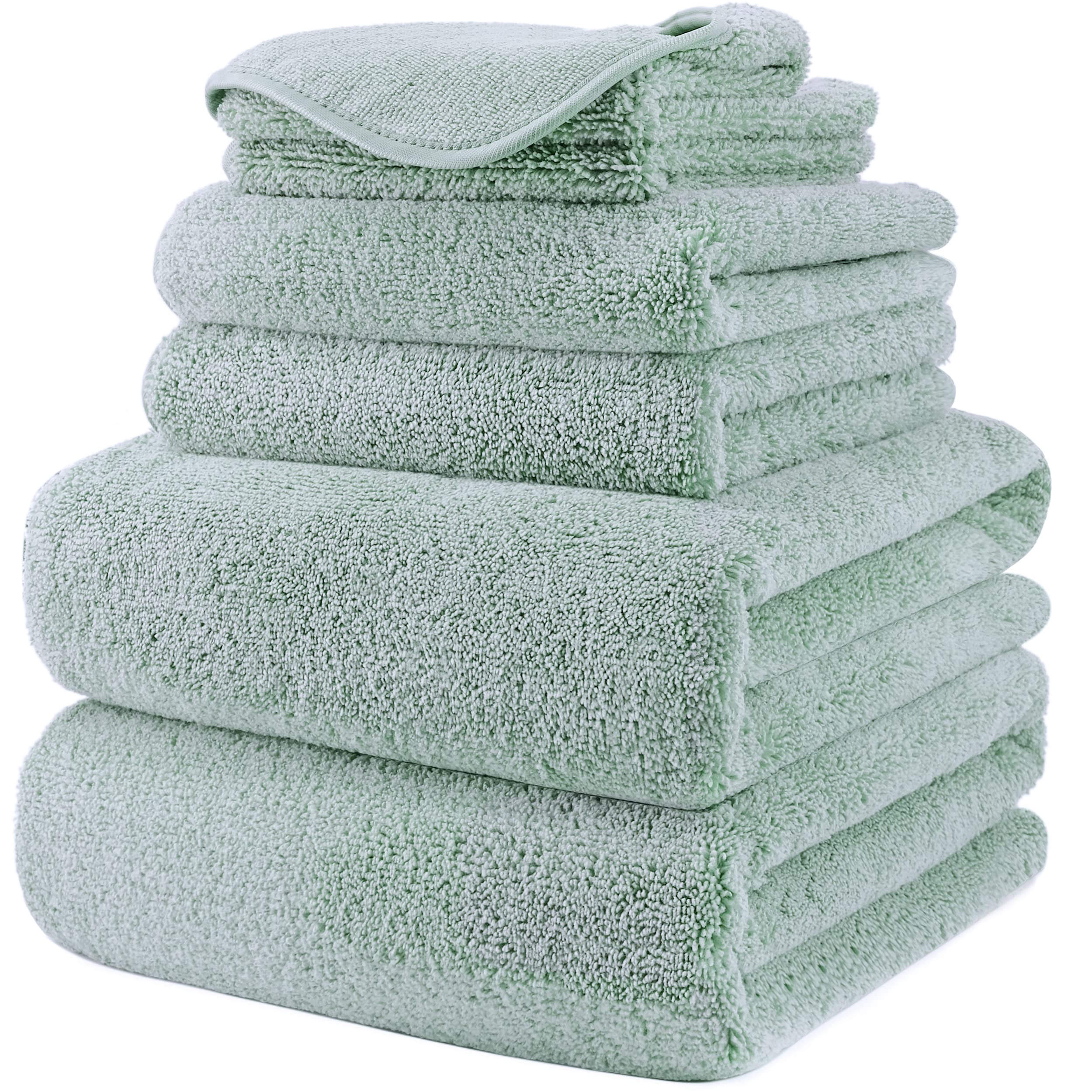 Polyte Plush Microfibre Bath Towel Set – 6 Piece Quick Dry (Light Green)