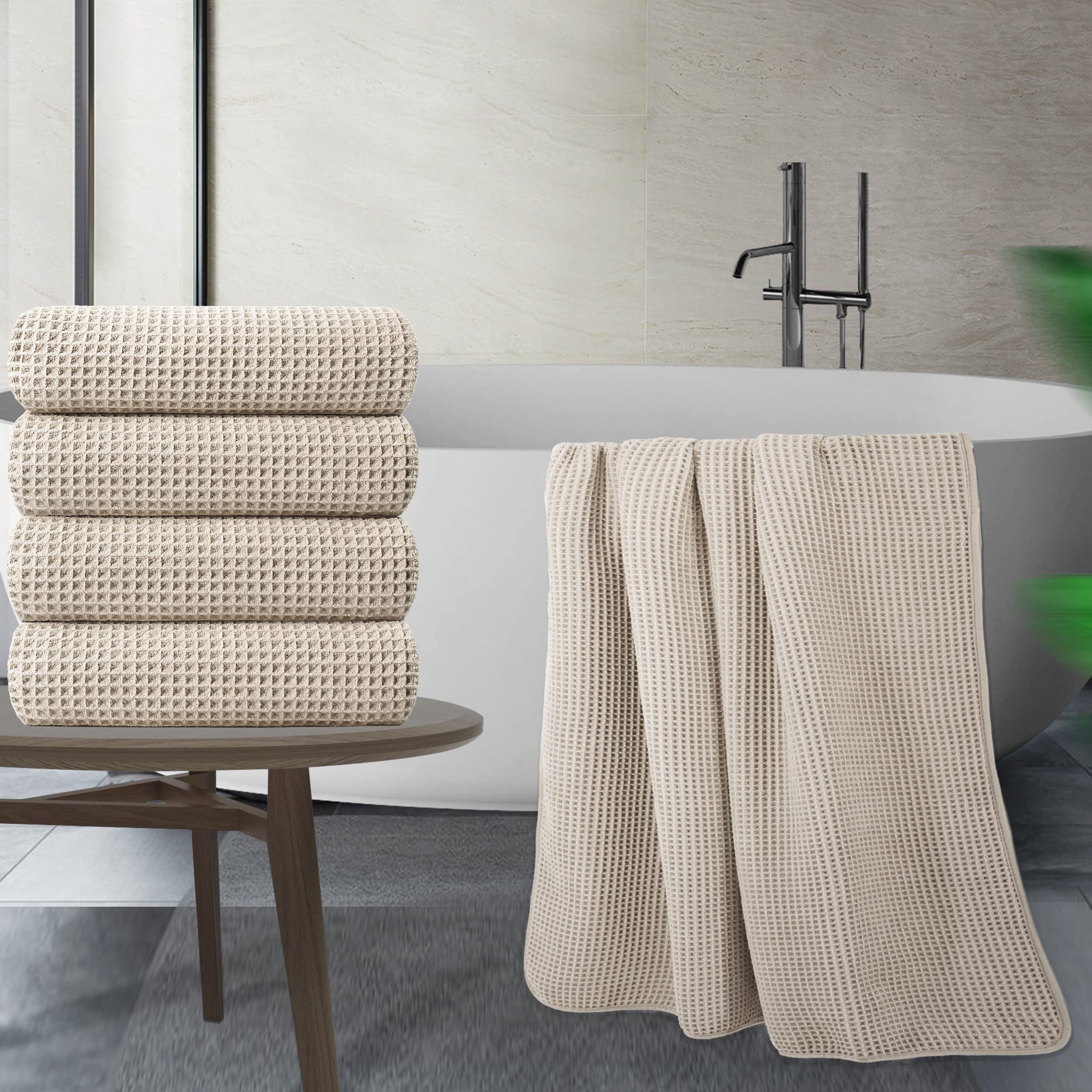 Polyte Microfibre Bath Towels | Quick Dry Waffle Weave, 4 Pack – Beige