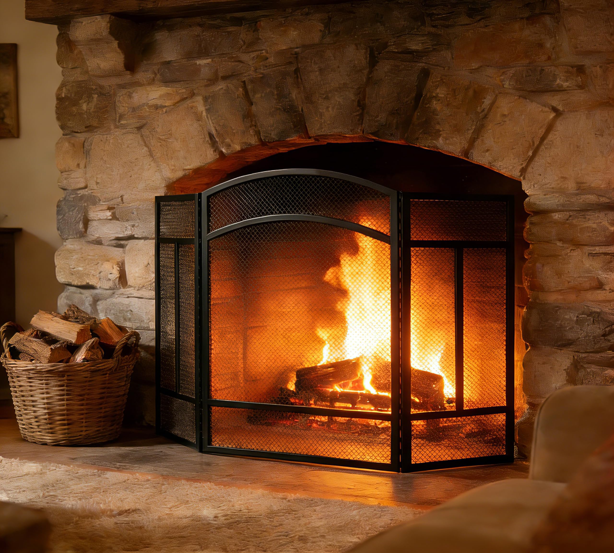 Kingson 3-Panel Arched Fireplace Spark Guard - Black Steel Mesh Screen